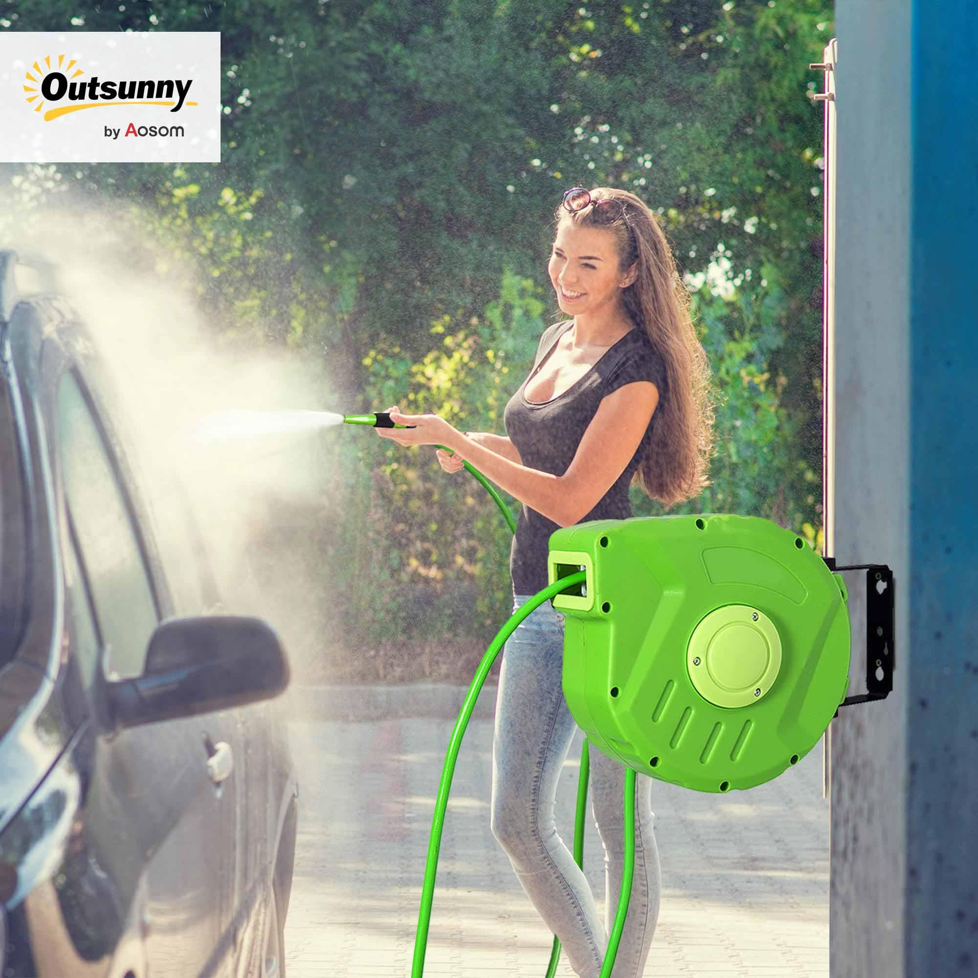 Outsunny Carrete para Manguera Enrollable, Carro de Manguera de Jardín, Portamanguera 10m Roll-up Automático Giratorio 180° con Pistola de Pulverización Gran Alcance Base de Pared para Terraza, Verde
