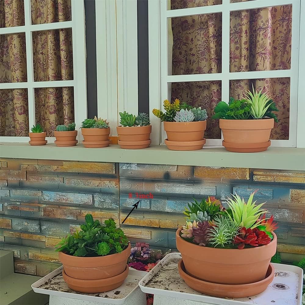 Yishang Large Terracotta Pots for Succulent - 8 Inch Cactus Plant Containers Indoor Garden Bonsai Pots with Drainage Hole - Set of 3, Unglazed Clay Ceramic Pottery Planter