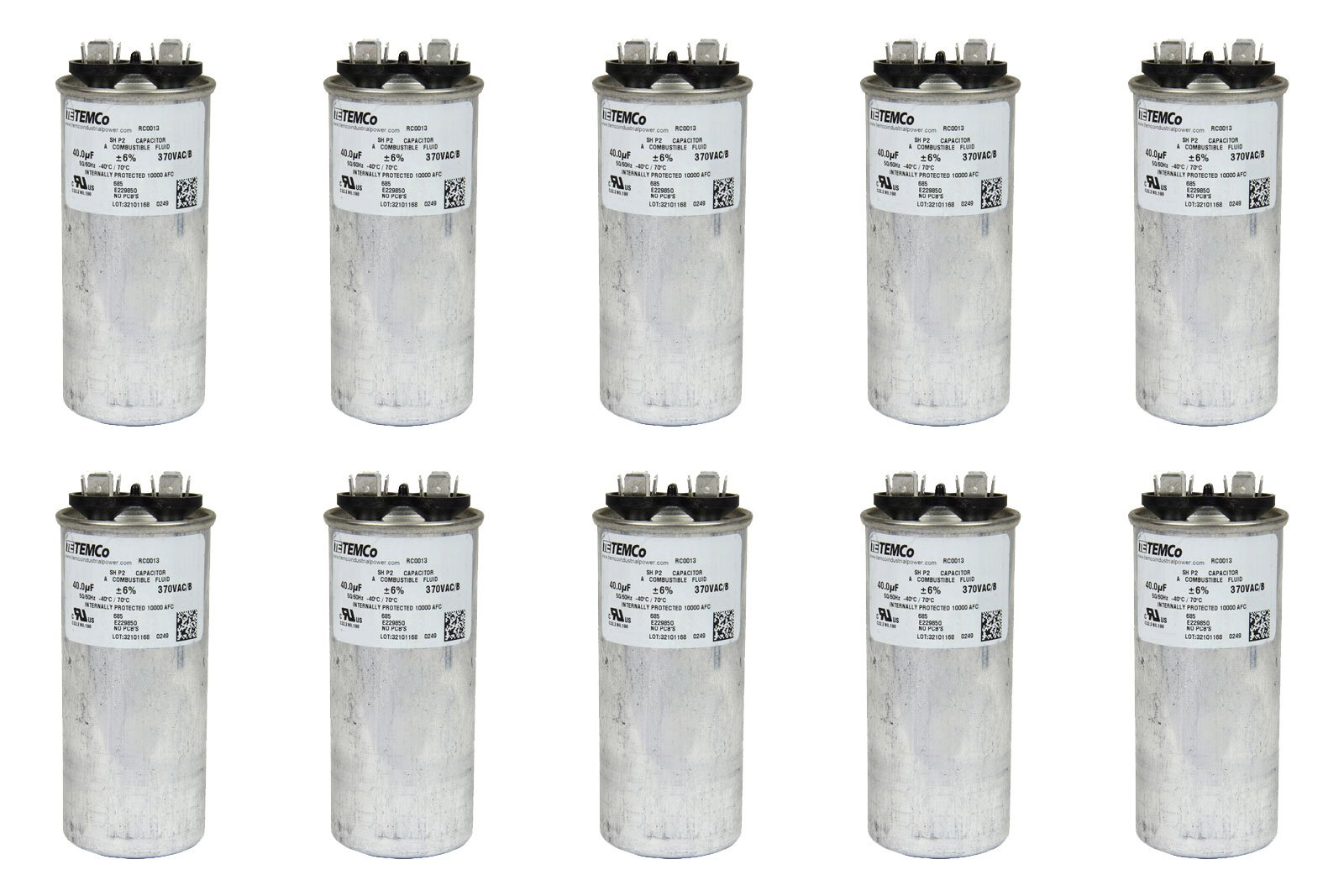 10 Pack TEMCo 40 uF Run Capacitor CBB65, 40 MFD, 370V, Round, 50/60Hz | for HVAC AC Fan, Motor, Blower Applications