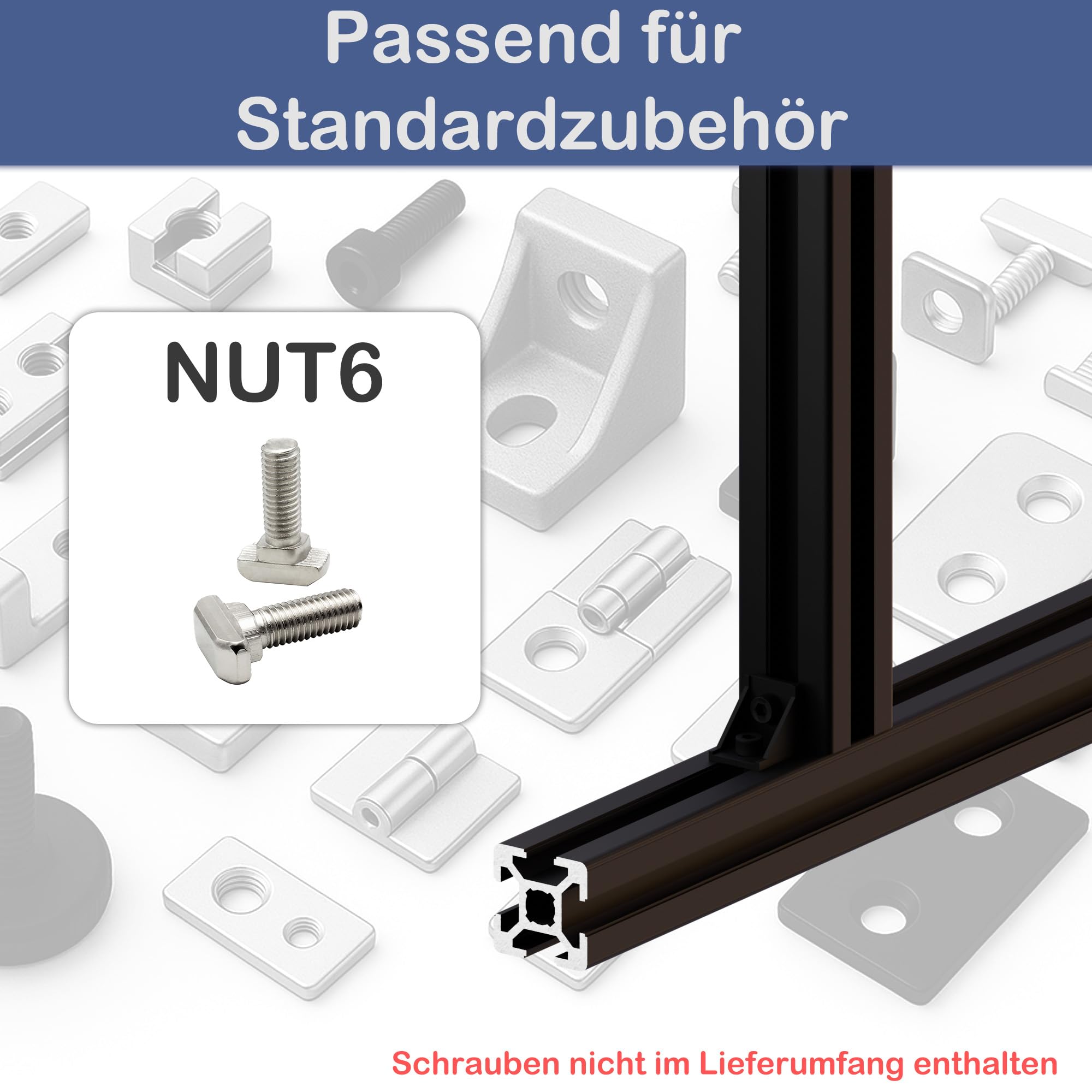TIVENDIS Montageprofil 20x20 Nut 6 Set 6 Stück 2 Meter Aluminium Alu Profil schwarz eloxiert Systemprofil für Rahmenbau und Montage