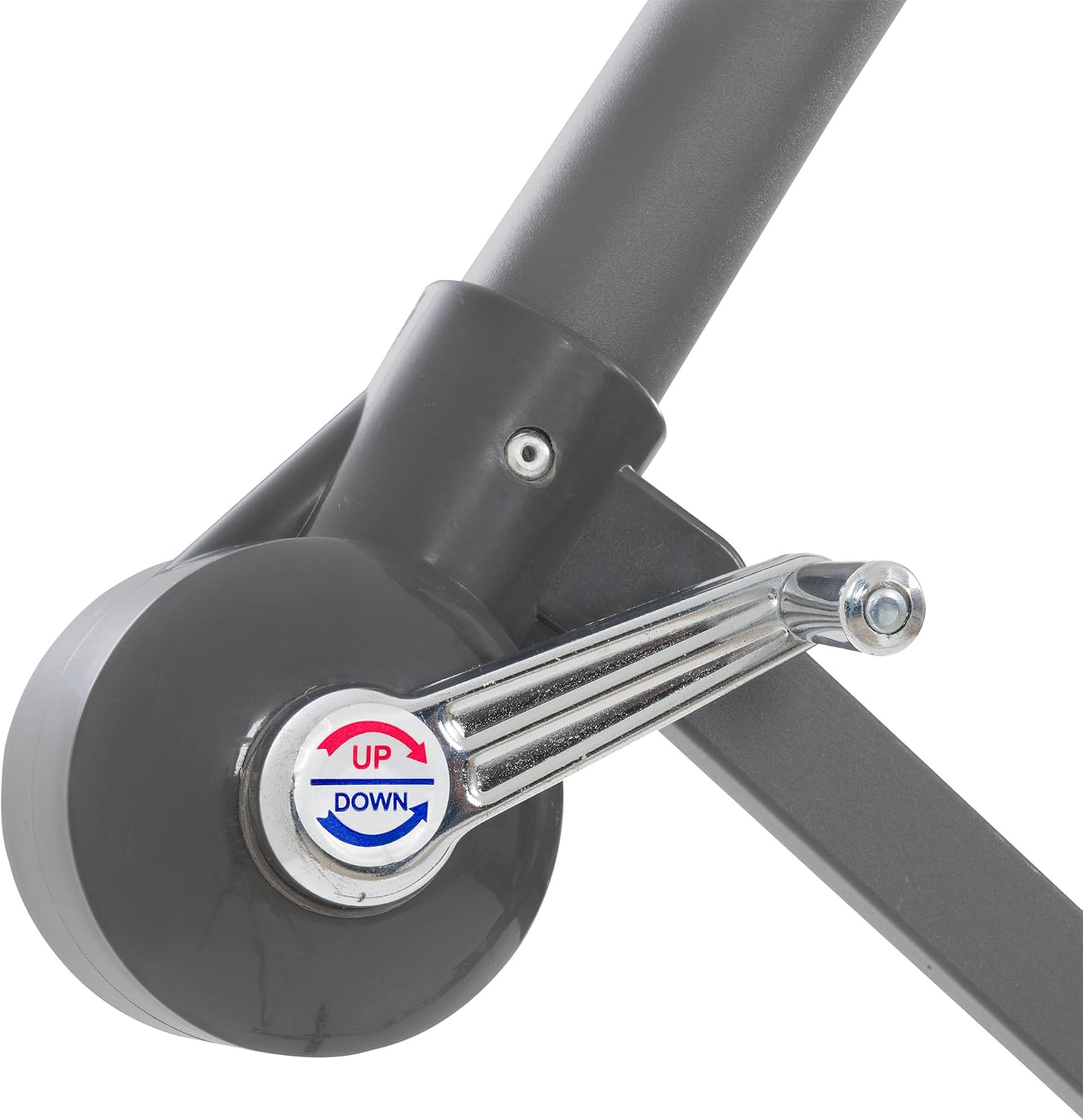 Close-up of the crank mechanism on the umbrella pole, with 'UP' and 'DOWN' arrows indicating direction of rotation.
