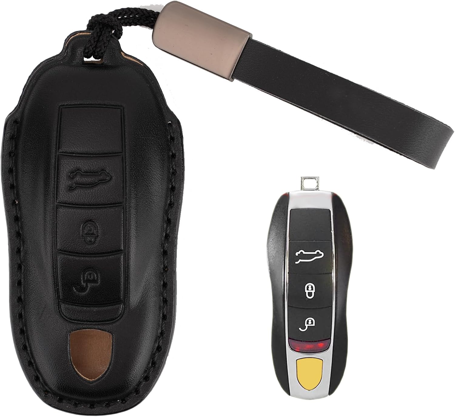 Leather Key Fob Cover with Keychain for Porsche Panamera, Macan, Cayenne, 911, and 718 Smart Key (3-Button) (Black)