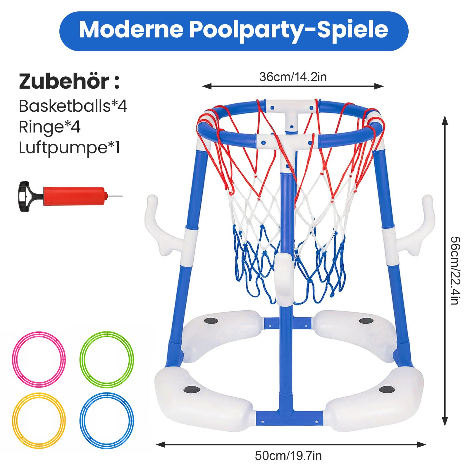 Schwimmender Pool-Basketballkorb, geeignet für Kinder und Erwachsene, inklusive 4 Poolbällen und Einer Luftpumpe, aufblasbares Basketball-Spiel für den Pool Pool-Spielzeug-Basketballkorb
