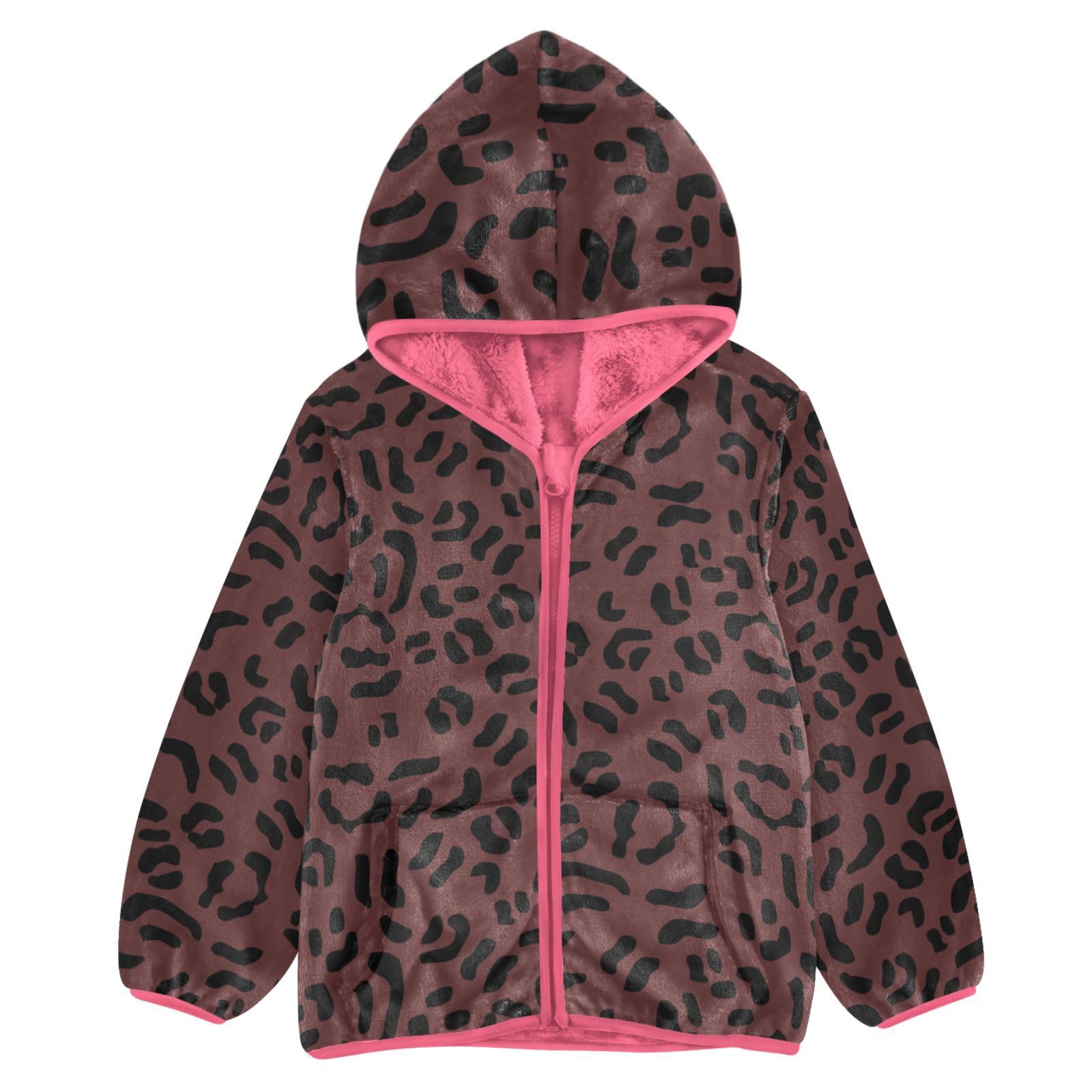 Cappotto con cappuccio per bambini per autunno e inverno, caldo, a maniche lunghe, con cerniera, antivento con due tasche, per 3-10 anni, a righe leopardate, rosso