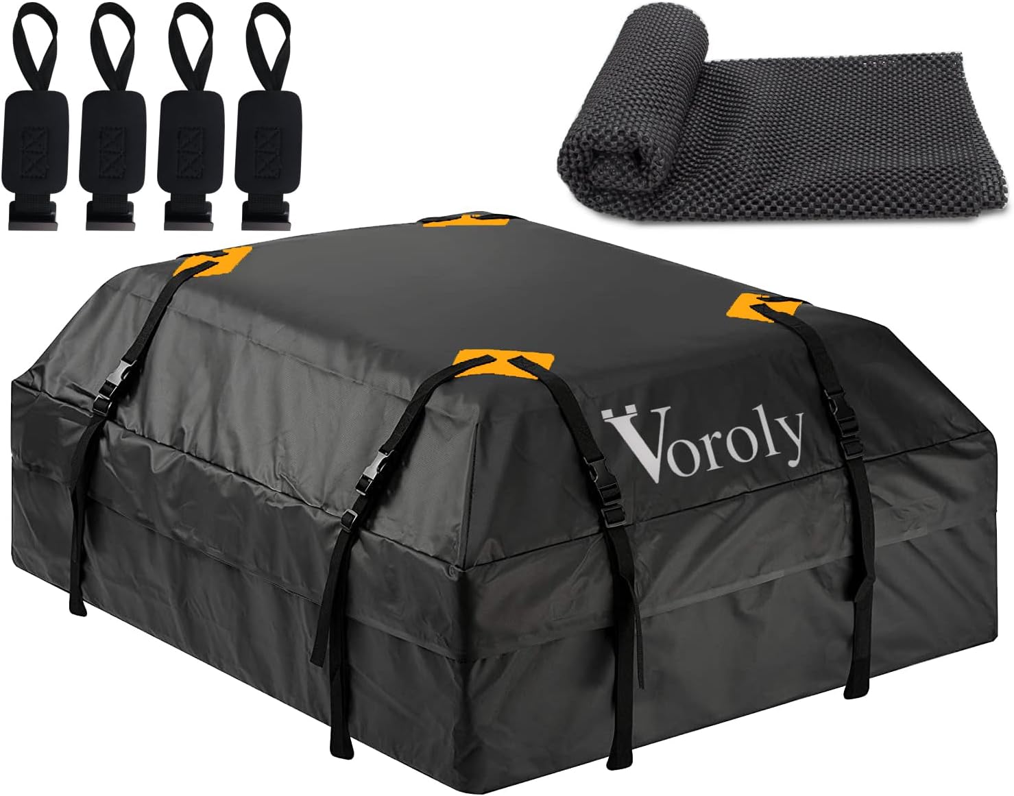 Voroly Rooftop top Cargo Carrier Bag with Anti-Skid Mat 15 Cubic feet Waterproof for All Cars with/Without Rack Includes 4 Door Hooks