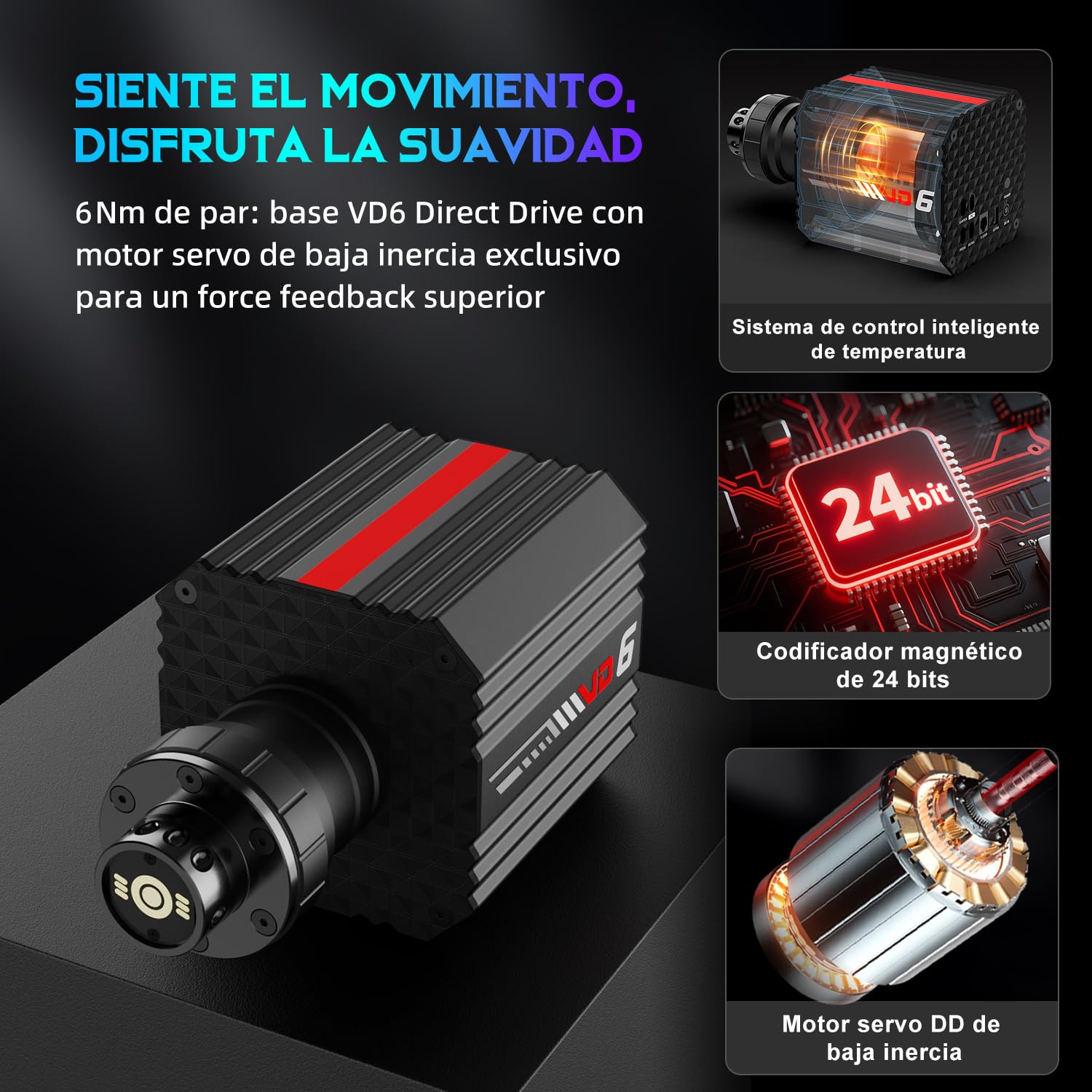 PXN VD6 Conjunto de Volante para Simracing 6 Nm – Base Servo de Baja Inercia, Volante de Carreras W AS, Pedales PD HM Hall y Abrazadera de Escritorio – Compatible solo con Windows 7 a 11 en PC | Base servo 6Nm con QR, volante 28cm, 2 pedales, mordaza, sop
