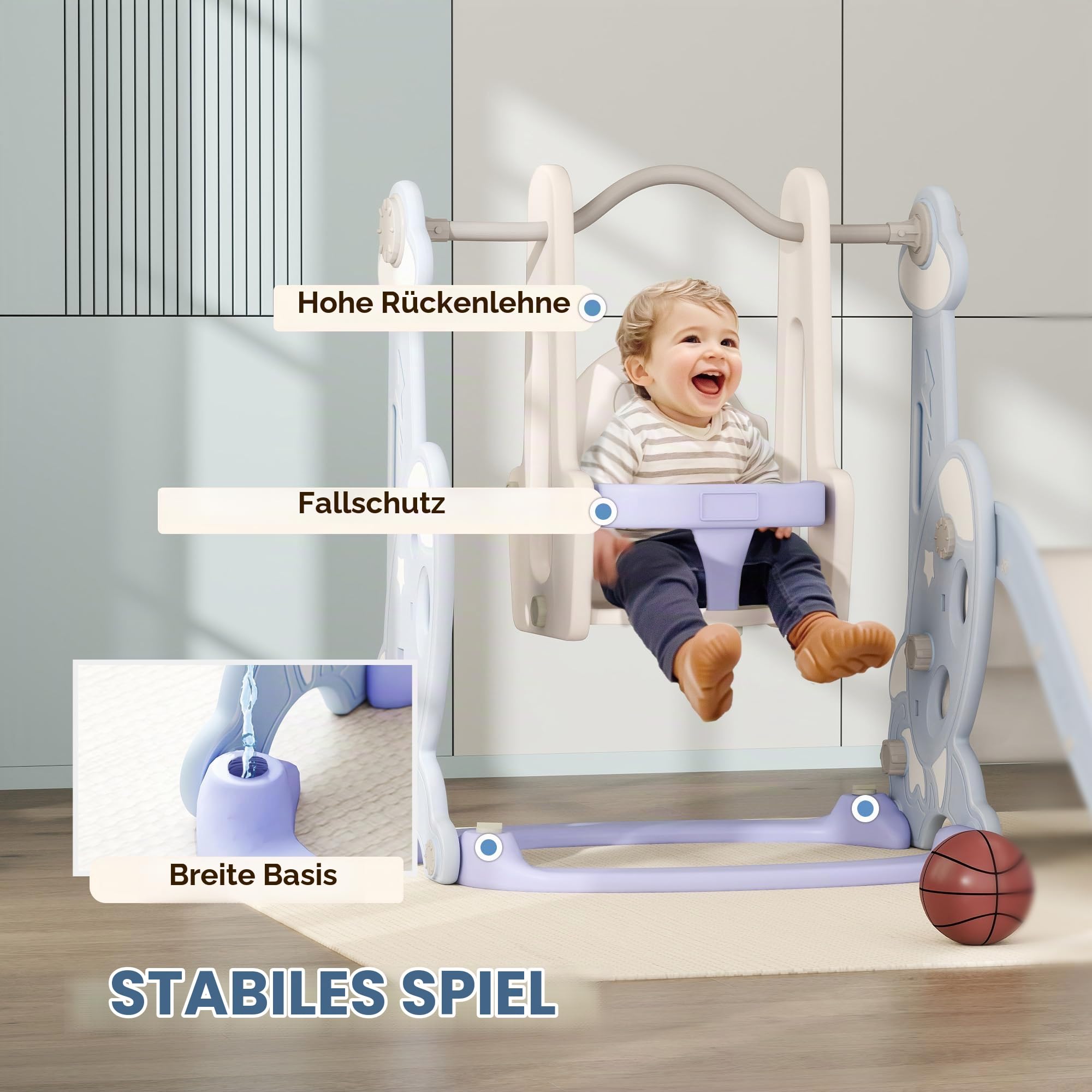 AIYAPLAY Rutsche 4-in-1 Kleinkinderrutsche mit Basketballkorb Hellblau | Klettergerüst, Schaukel, Kinder Spielplatz, Raketendesign, Kinderrutsche, für Outdoor und Indoor, Kinder 1,5-4 Jahren