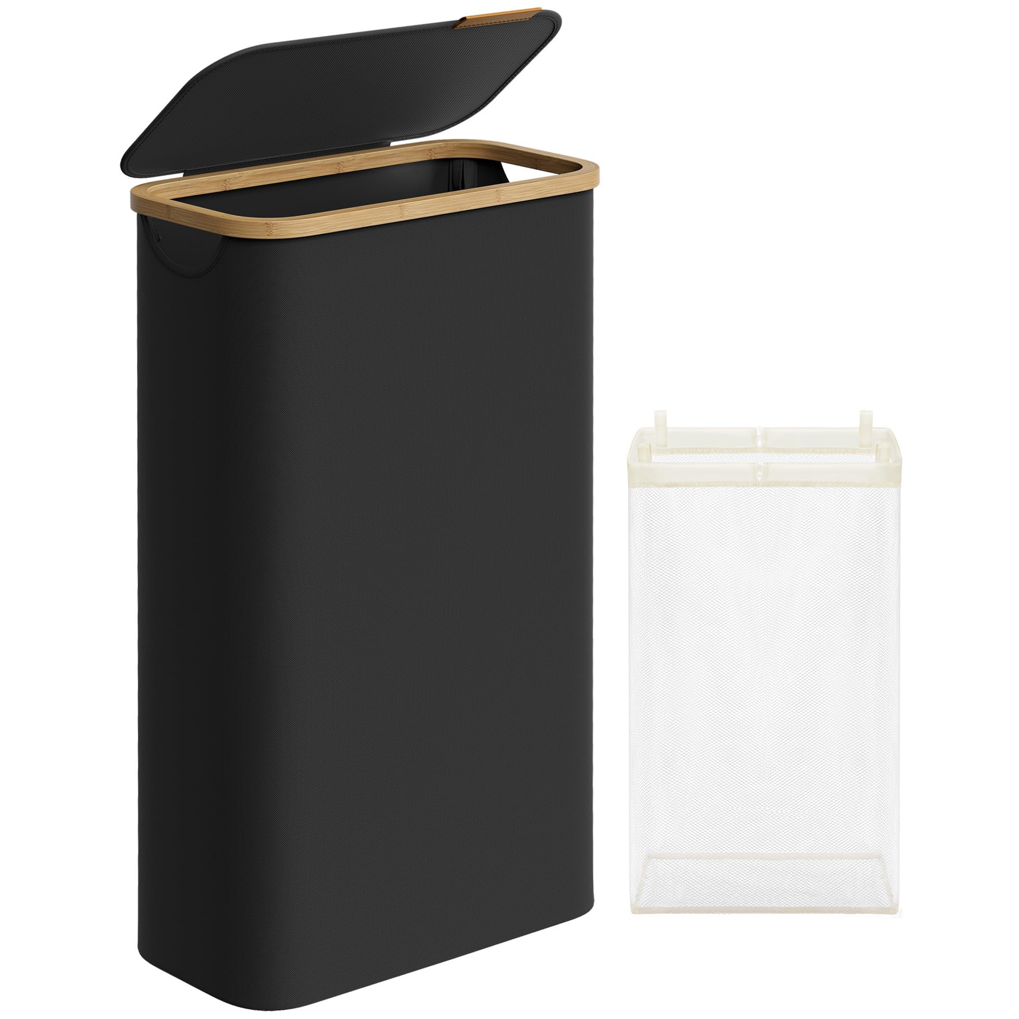 SONGMICS Wasmand met deksel, 65L, ruimtebesparend, zwart