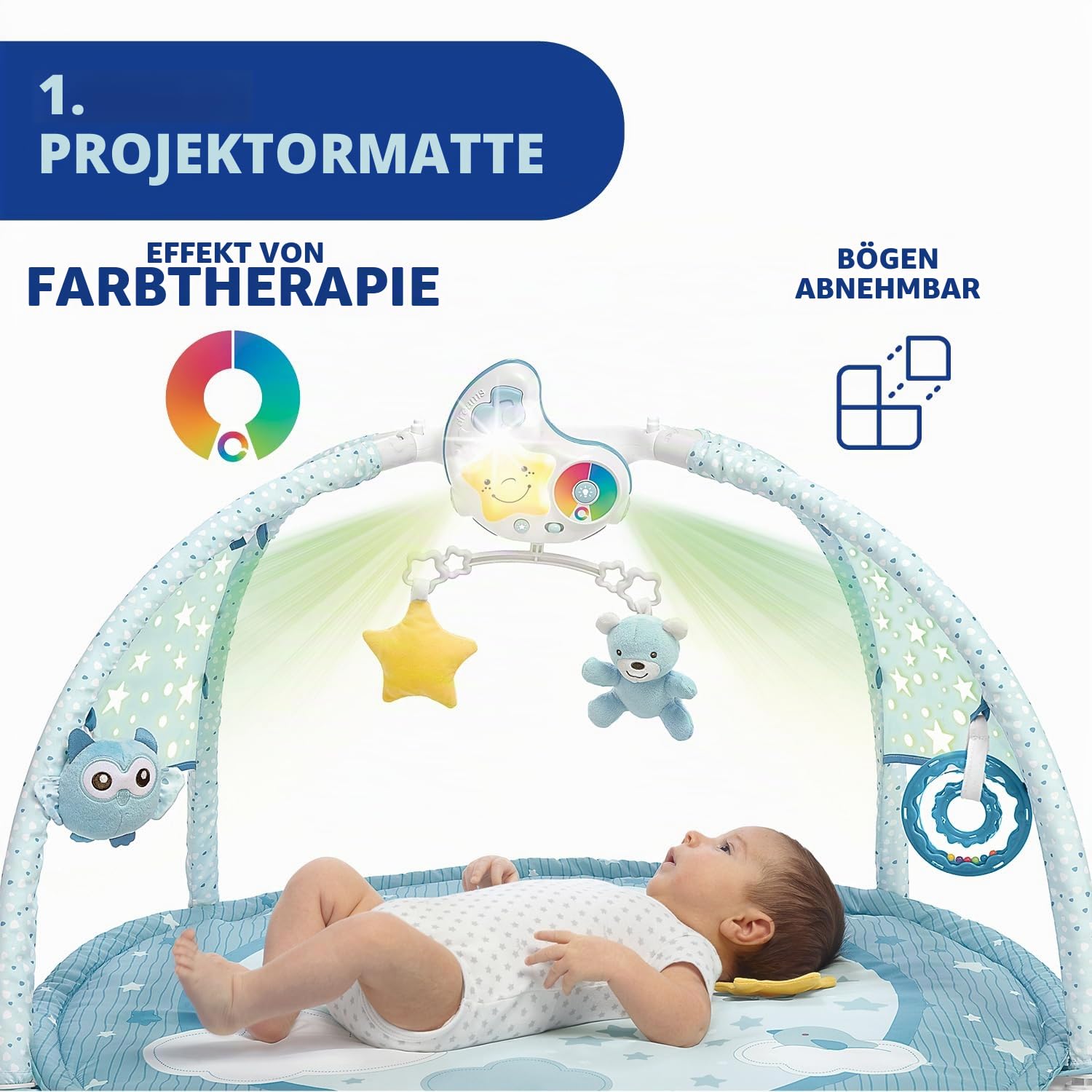 Chicco Spielmatte 3in1, Multifunktionsspielbogen für Neugeborene,Baby Aktivitätendecke, Sternenprojektor, abnehmbarem Baby-Nachtlicht mit entspannender Musik - Babyspielzeug, ab 0 Monate, Blau