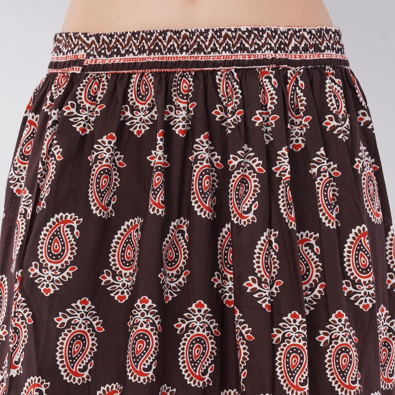 Rabhika Women’s Maroon Patterned Pure Cotton Tiered Maxi Skirt, Flowy Ethnic Long Skirt, Comfortable S 1