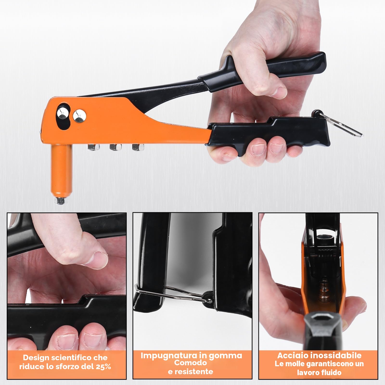 Rivettatrice Manuale con 200 Pezzi Rivetti, 4 Punte in Acciaio Carbonio, 4 Teste Intercambiabili, 4 Misure Rivetti 2,4-3,2-4,0-4,8mm, Rivettatrice Professionale per Progetti Outdoor e Casa
