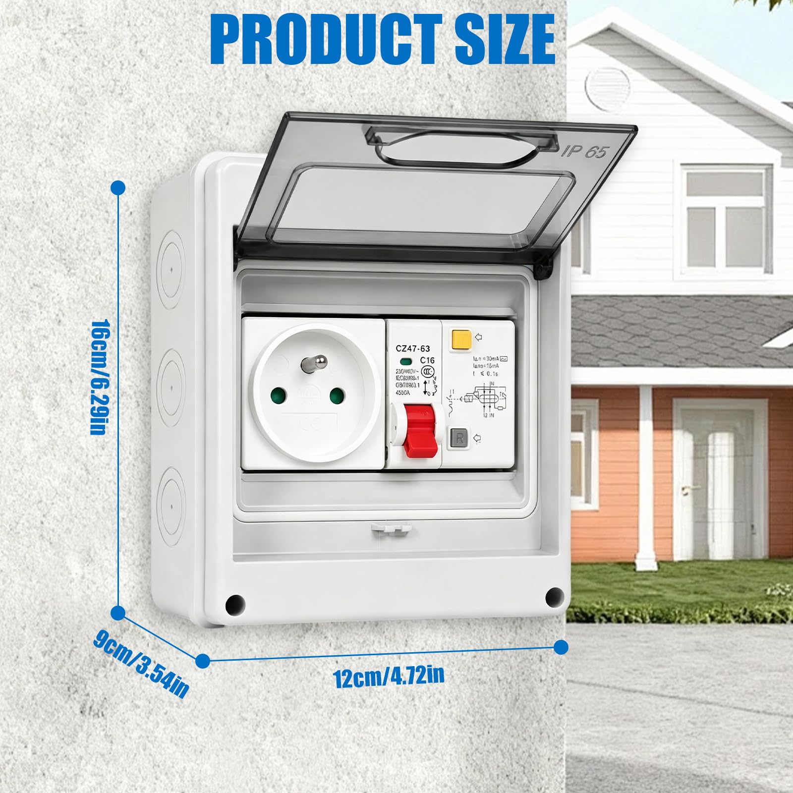 Scatola presa, con interruttore differenziale (FI), presa Schuko, 16A 250V, montaggio a parete e a superficie, distribuzione elettrica sicura per uso domestico e piccoli spazi esterni