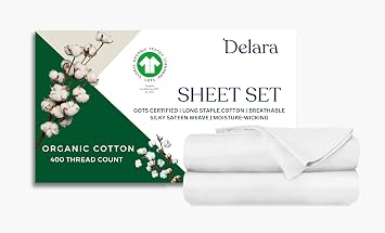 GOTS Certified 100% Organic Cotton Sheets, 400TC Long Staple Cotton, Ultra Soft, Silky, Moisture-Wicking, Smooth & Breathable, with Elasticized Deep Pocket