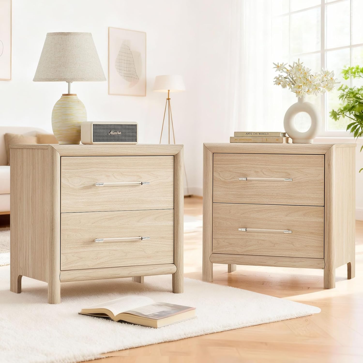 Bed Frame and Nightstand Set, Queen Wood Bed Frame with Headboard and 2 2-Drawer Nightstands, 3 Pieces Mid-Century Modern Bedroom Furniture Set, Natural Ash