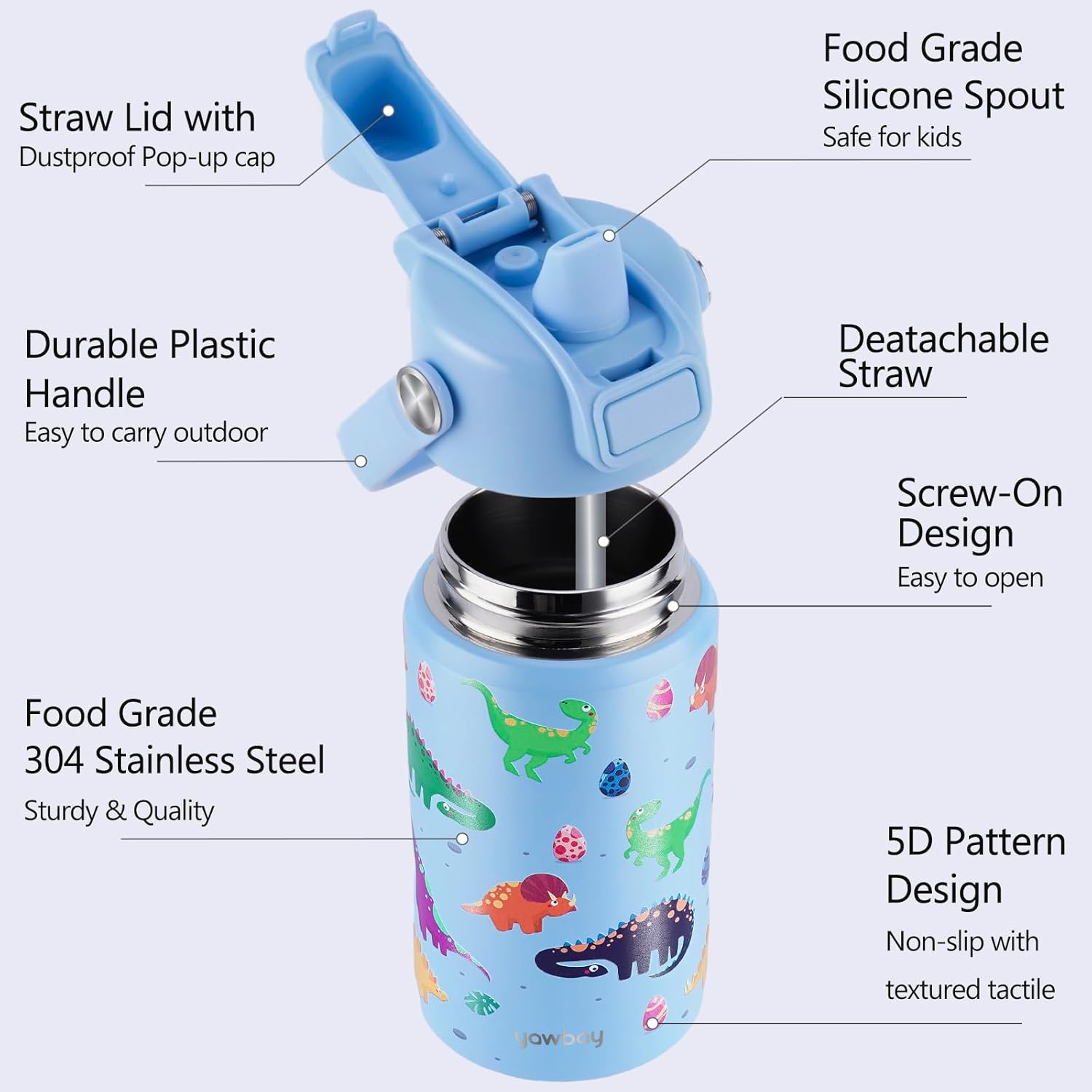 Kids Water Bottle for School 12 oz,Stainless Steel Insulated Water Bottles,Dinosaur Water Bottle for Toddler Boys Girls with Pop-Up Straw-Cap(Dino) - Image 6