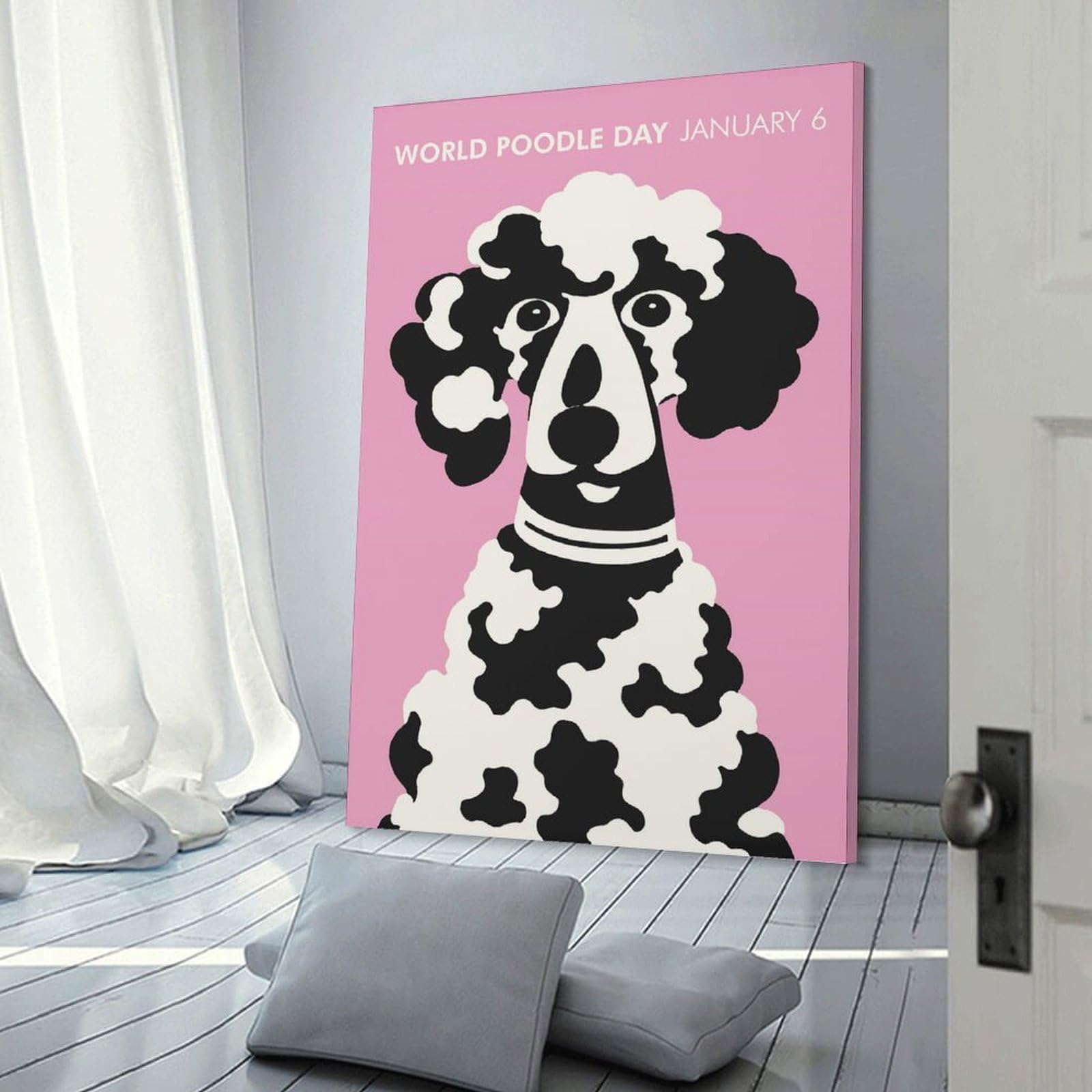 Junmoney Pink World Poodle Day Canvas Wall Decor 24x36inch(60x90cm), for Corridors, Hallways Or Apartment Entries, A Stylish Accent for Home Entrances