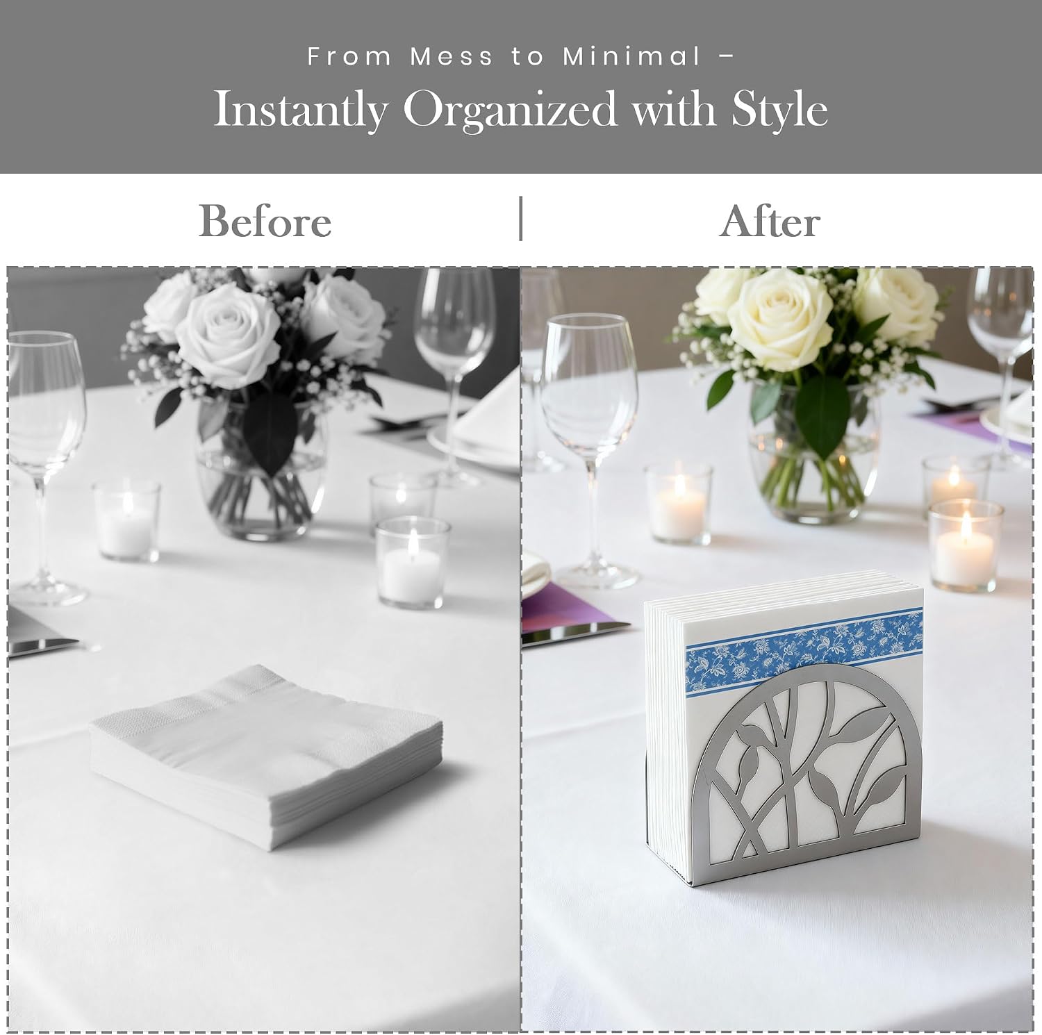 Napkin Holder for Table | Upright Napkin Stand with Decorative Leaf & Branch Design, Modern Metal Napkin Holder for Kitchen, Dining, Café, Office | Rust-Resistant Silver Finish
