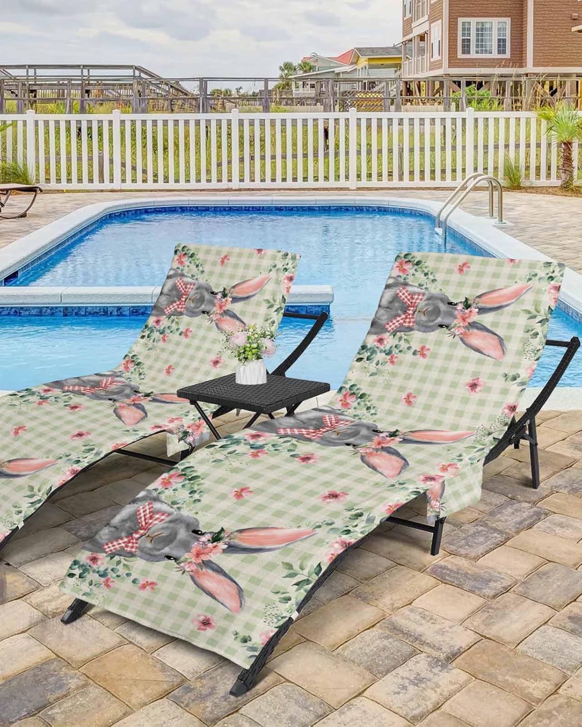 Easter Flowers Beach Pool Patio Lounge Chaise Chair Cover Towel With Pockets,Absorbent & Quick Dry Microfiber Towel Cover Bag Summer Accessories for Sunbathing Bunny Spring Eucalyptus Plant Plaid