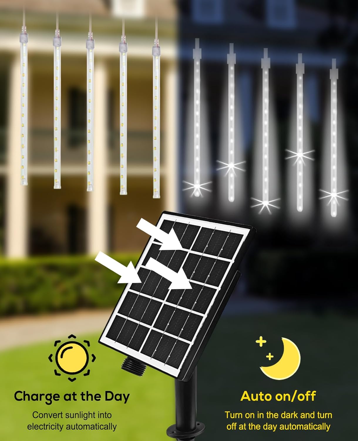 Meteor Shower Lights Outdoor Solar Meteor Light Falling Rain Lights 16 Tubes 16 Inch 576LED Cascading Snowfall Christmas Light for Holiday Wedding New Year Party Yard House Roof Tree Mall Decoration