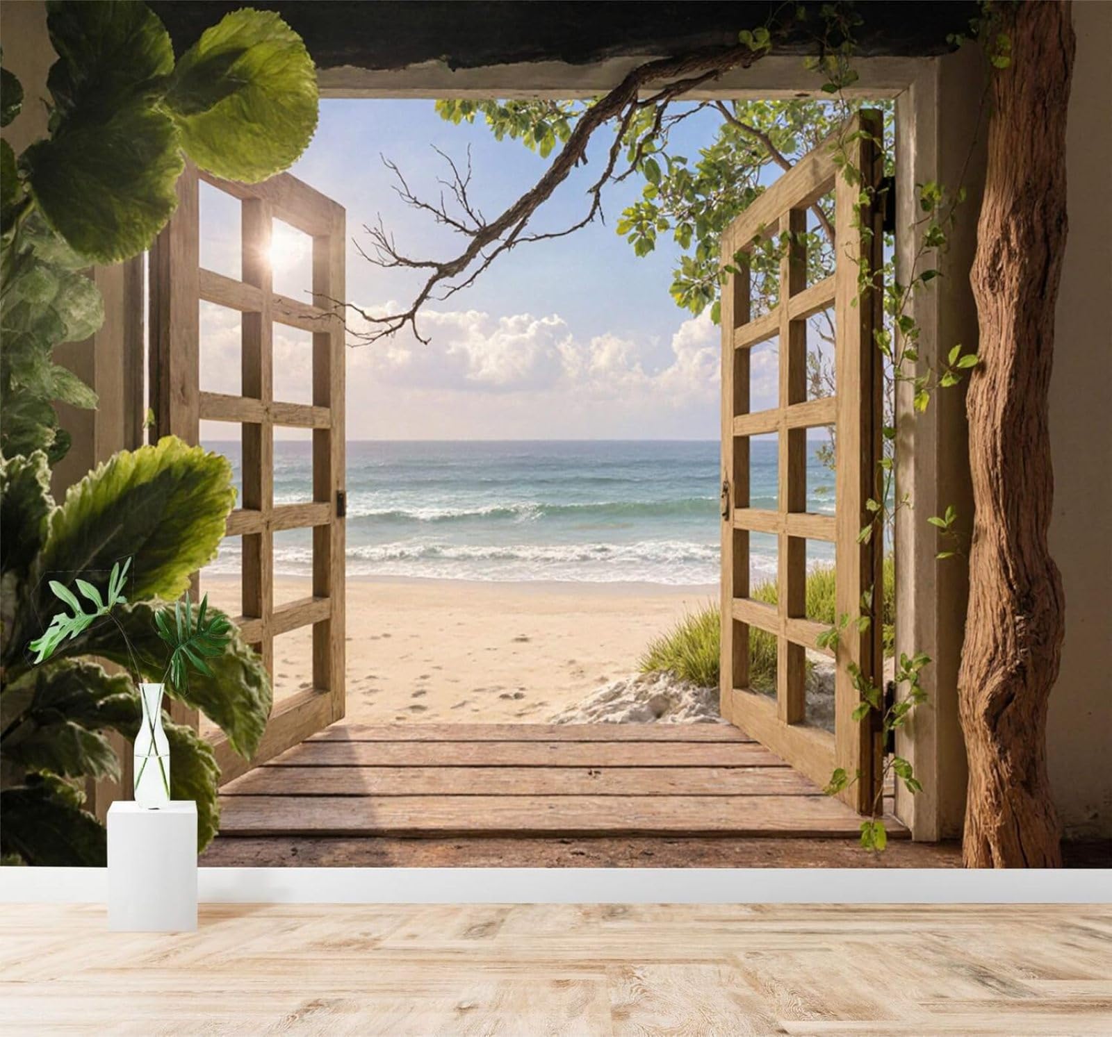XLMING Wooden Door Sunshine Beach Waves Green Leaves Scenery 3D Wallpaper Silky Texture Home Study Office Grey Dining Room Sofa Bedroom Living Room TV Backdrop-400cm×280cm