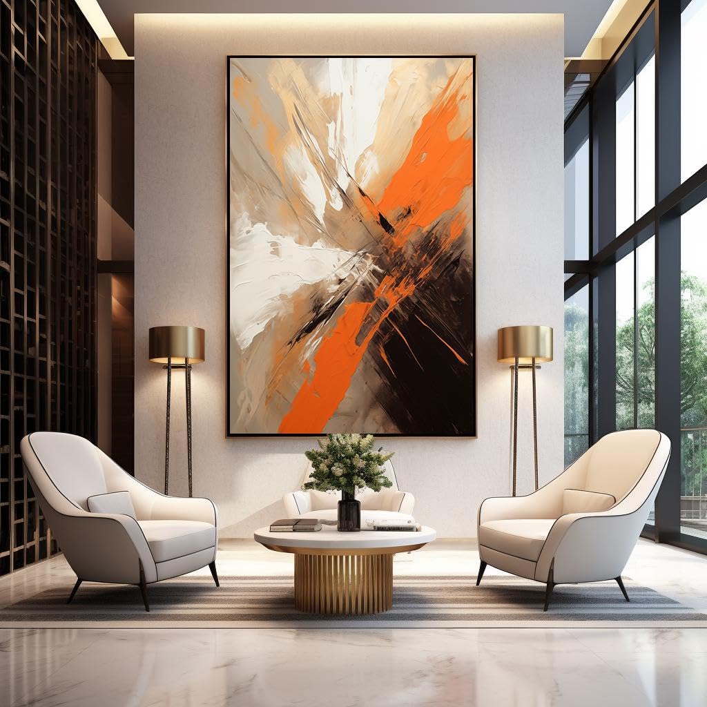 UUDEZO Duży, oprawiony, teksturowany, nowoczesny abstrakcyjny obraz ścienny: brązowo-pomarańczowy obraz (80 x 110 cm)