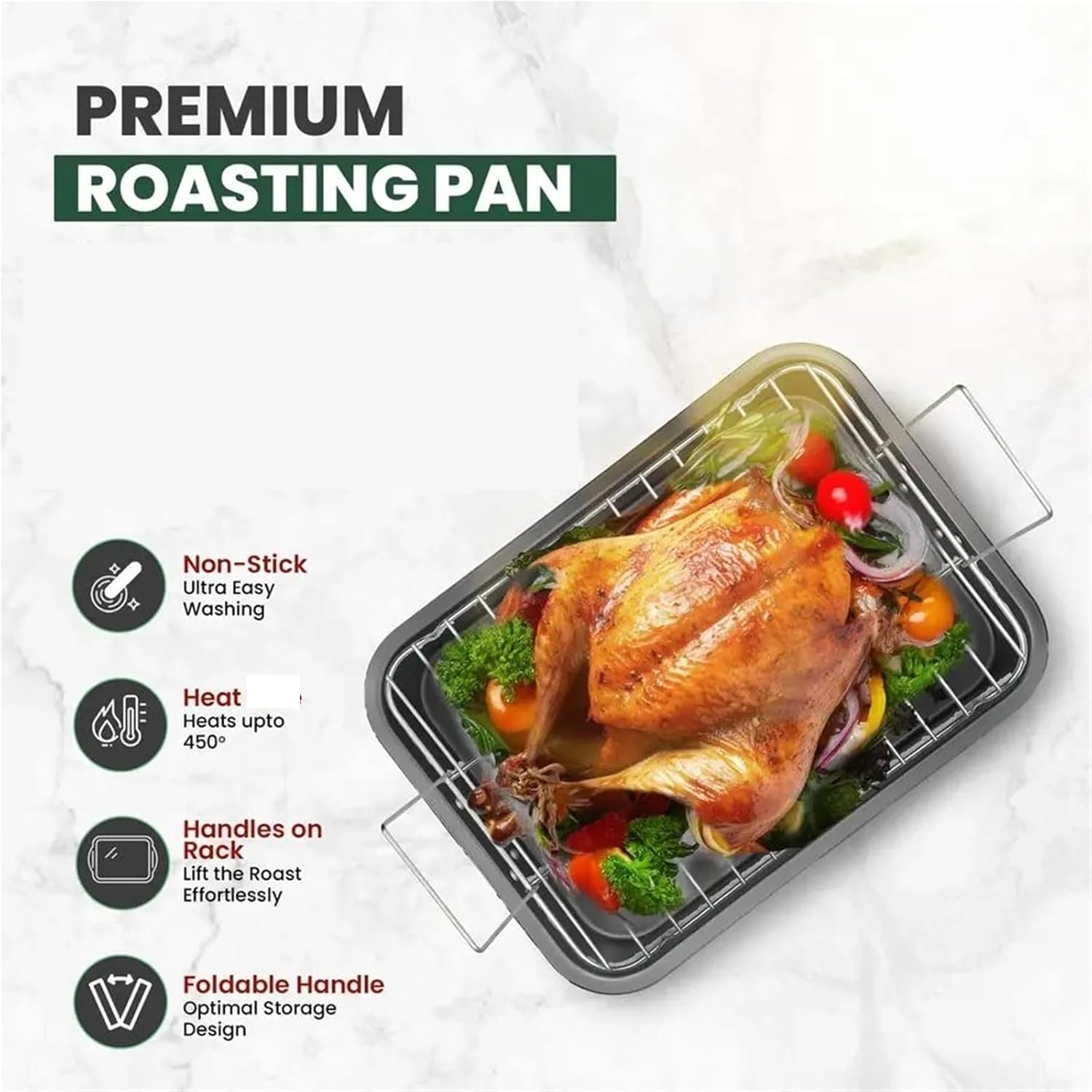 12 X 16 Non-Stick Roasting Pan with Flat Rack Foldable Handles Oven Roaster Pan for Food Elevation