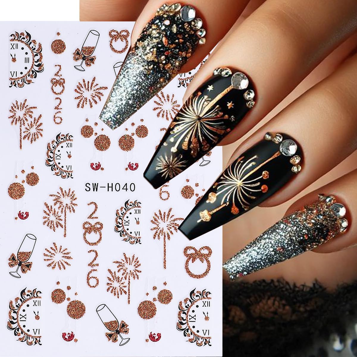 Christmas Nail Art Stickers Fireworks Clock Nail Stickers 6PCS Gold Glitter Lantern Ball Champagne Tree 2026 Design 3D Self-Adhesive Xmas Nail Decals Manicure Supply for New Year Nail Art Decorations image 2