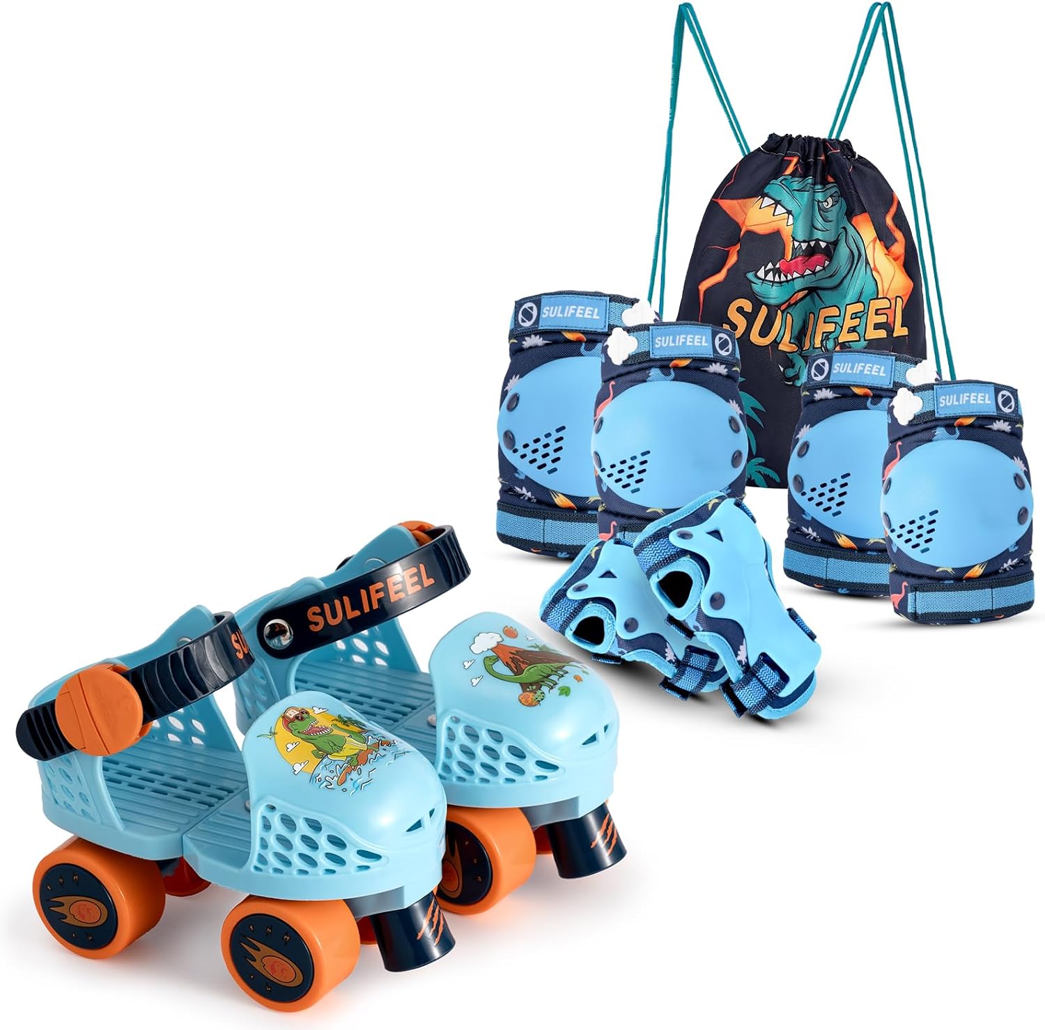 SULIFEEL Kids Adjustable Beginner Roller Skates for Gilrs and Boys Age 2-5 Years Old Dinosaur Blue