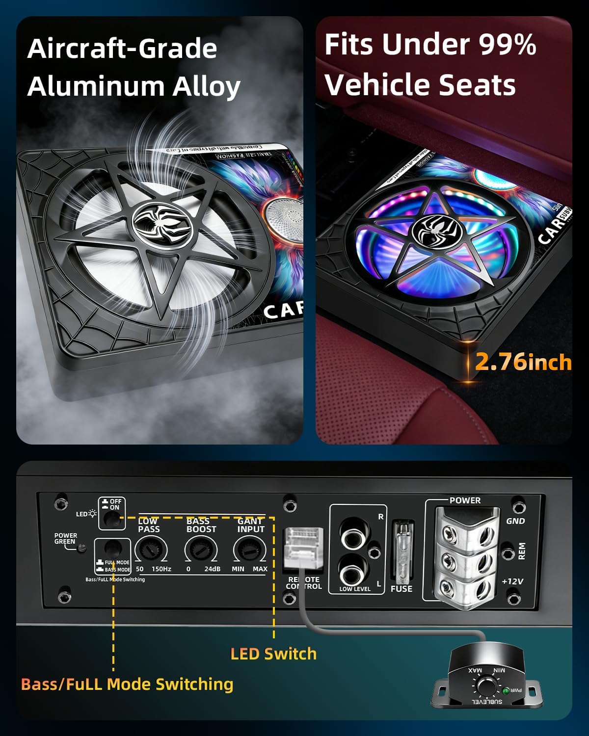 3000W AI 3-Way Under Seat Subwoofer with Amp, Slim Powered Car Subwoofer 20Hz–22kHz Full Range, Built-in Amplifier Plug and Play Sub and Amp Combo for Car Truck SUV