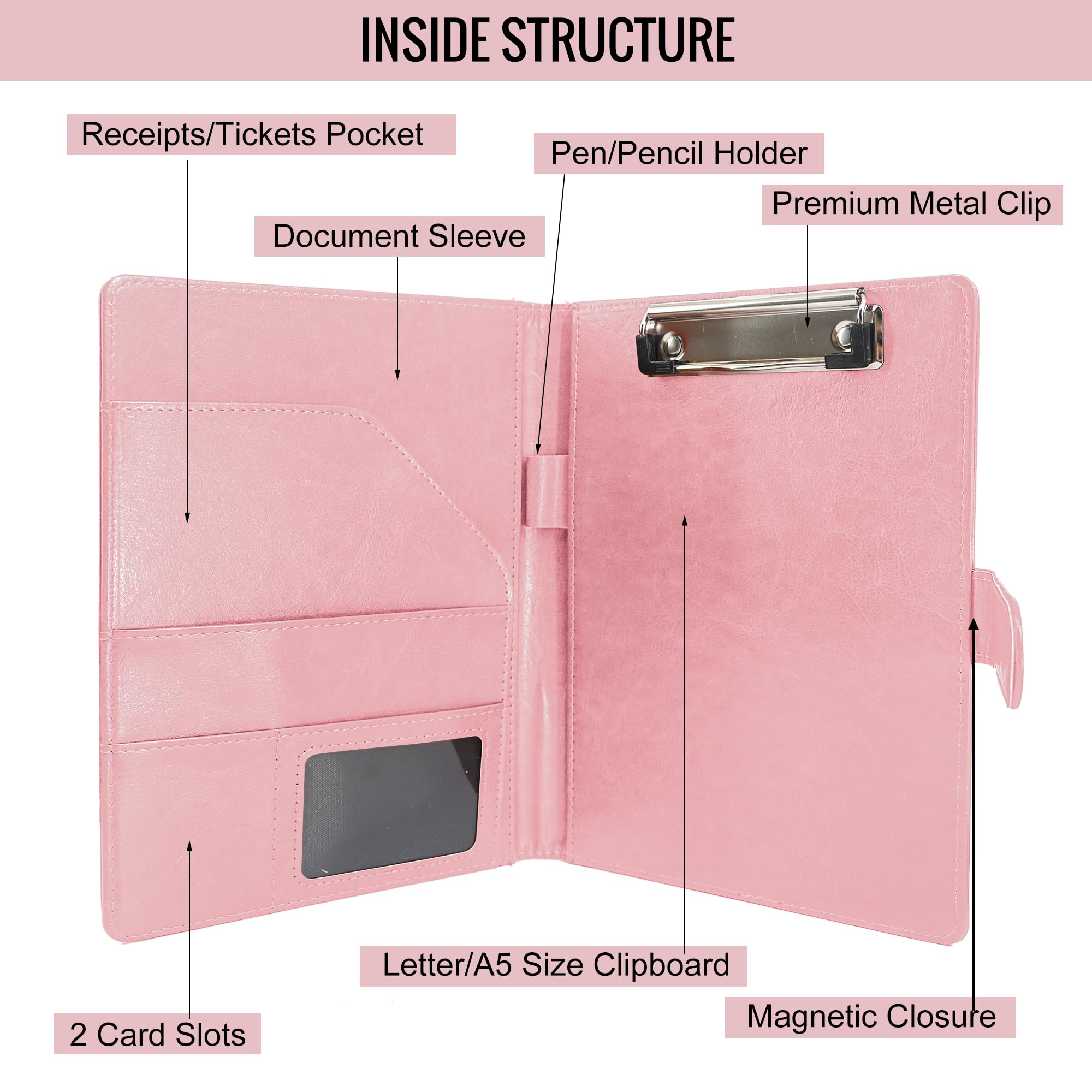 GraduatePro Cartella Portadocumenti A5 Pelle Cerniera Chiusura magnetica Unisex Ufficio Conferenza Organizzatore Quaderno Rosa
