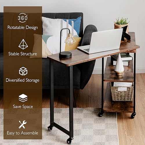 Miniatura 8 de Tangkula - Mesa auxiliar giratoria de 360° para sofá, escritorio patentado móvil con estantes de almacenamiento de 2 niveles, mesa móvil para laptop