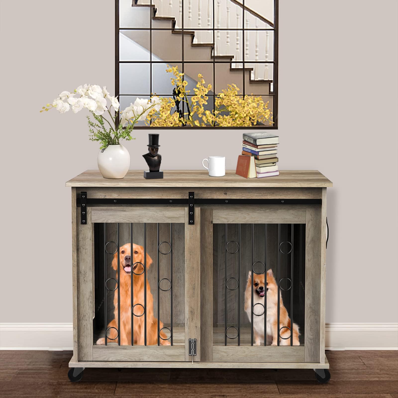 Amazon.com : Double Dog Crate Furniture with 2 Drawers,Wooden Dog Crate ...