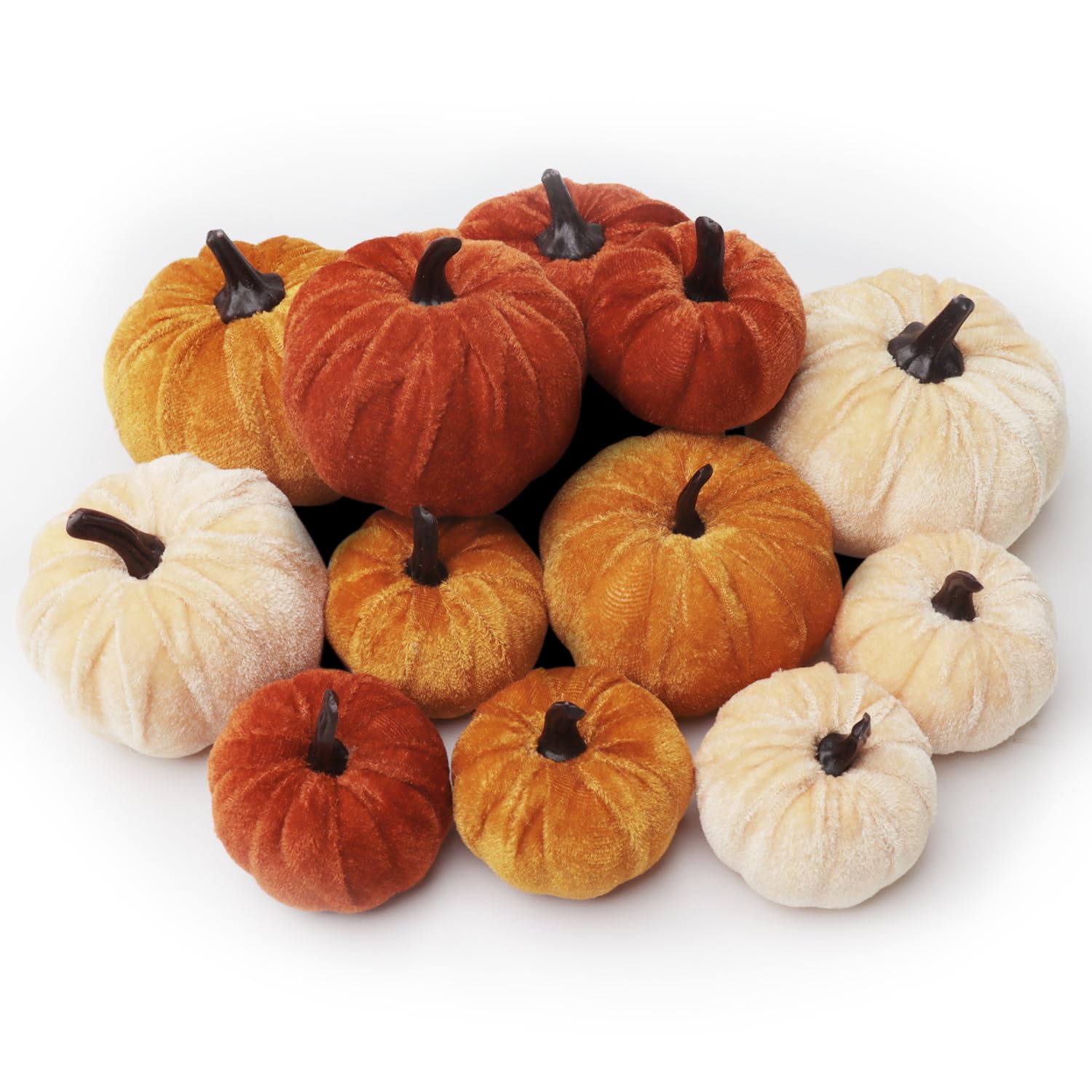 12 PCS Vibrant Artificial Pumpkins Set - Perfect for Pumpkin Decor, Ideal for Fall, Halloween, Thanksgiving Decorating 3 sizes and colors of fake velvet pumpkins Foam Pumpkins - Harvest Pumpkins, Faux