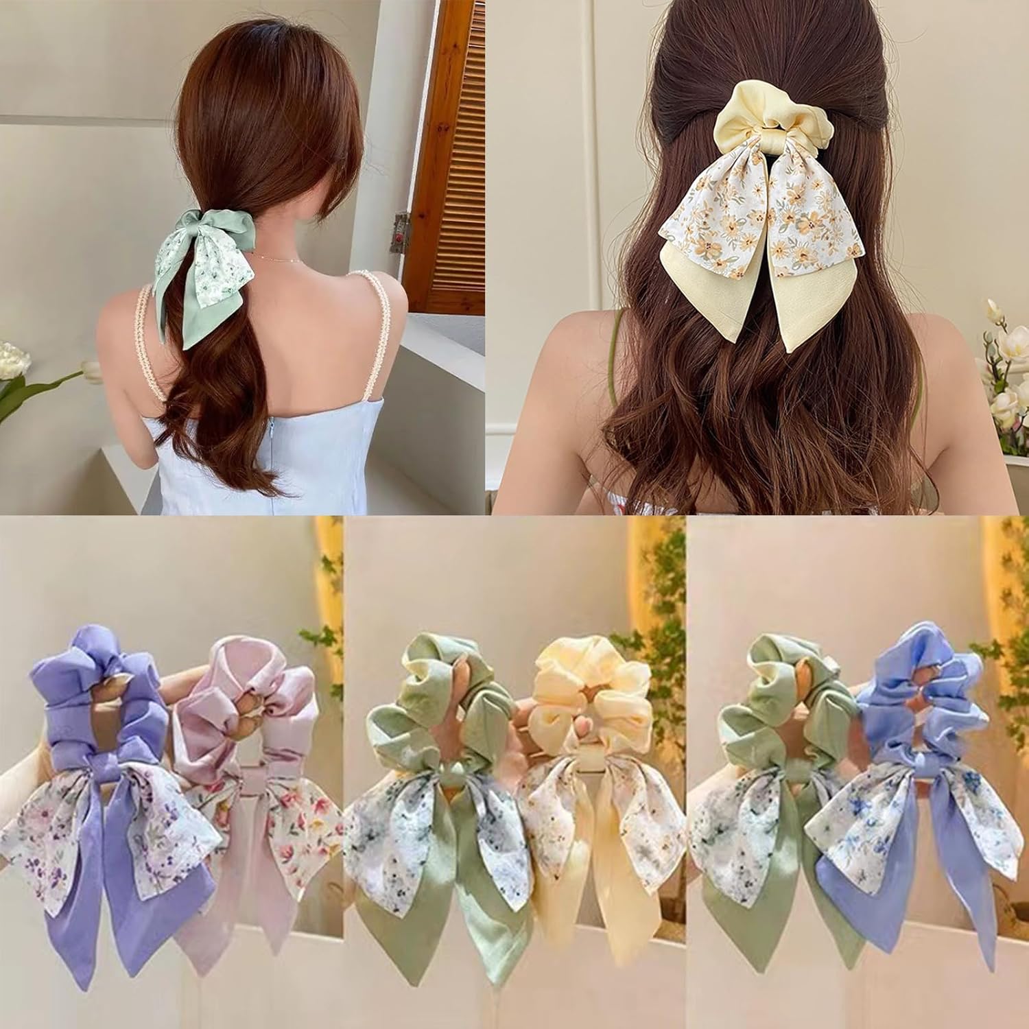 Generic 5 Pcs Floral Hair Scarf Scrunchies Bowknot Ribbon Hand Elastic Ropes Ponytail Holder Long Tails Hair Ties for Women Girls Vintage Hair Accessories - Image 5