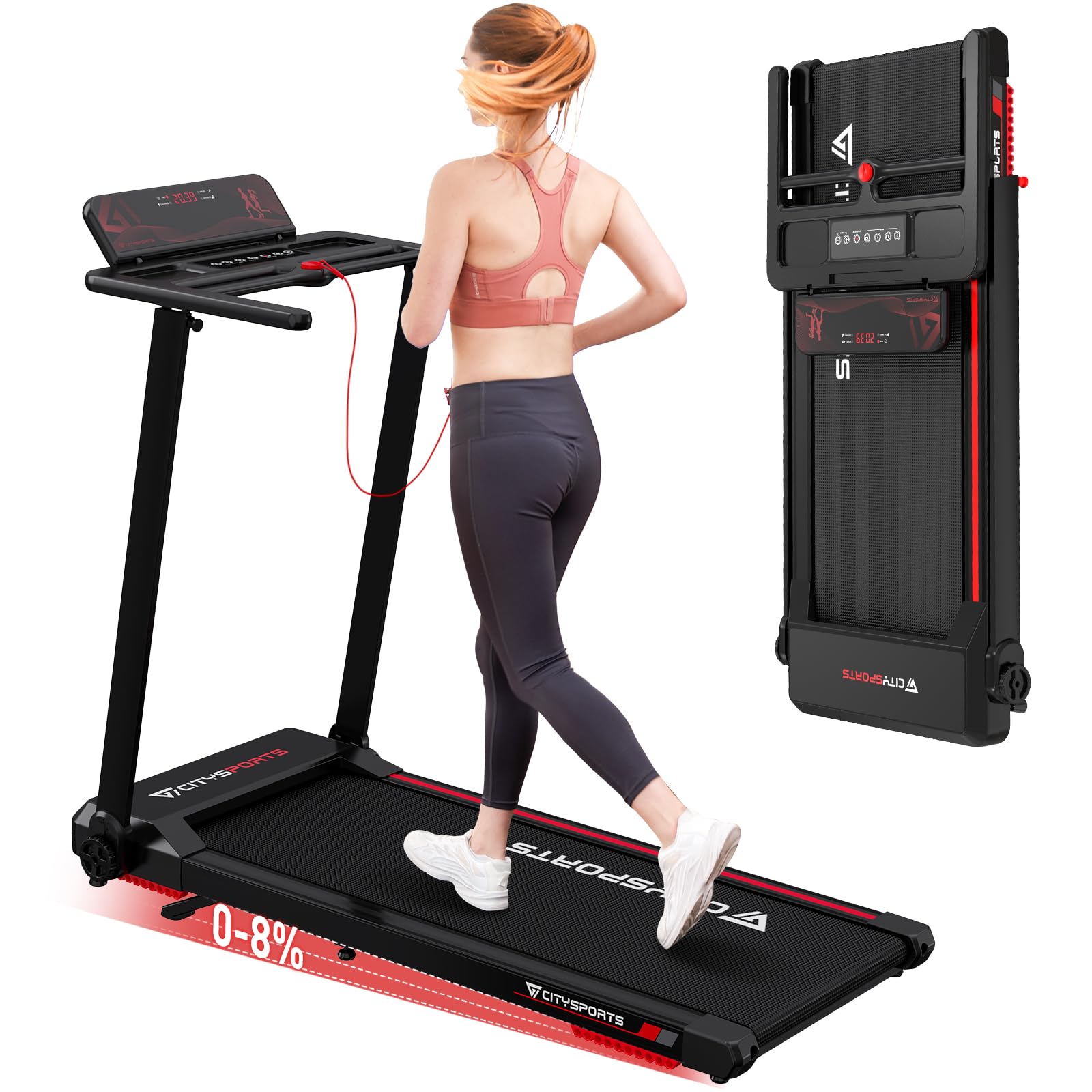 CITYSPORTS Folding Treadmill,8% Incline Treadmills for Home,12km/h Portable Treadmill,1400W Motor Walking Pad Foldable,120kg Weight Capacity,APP*LED Screen