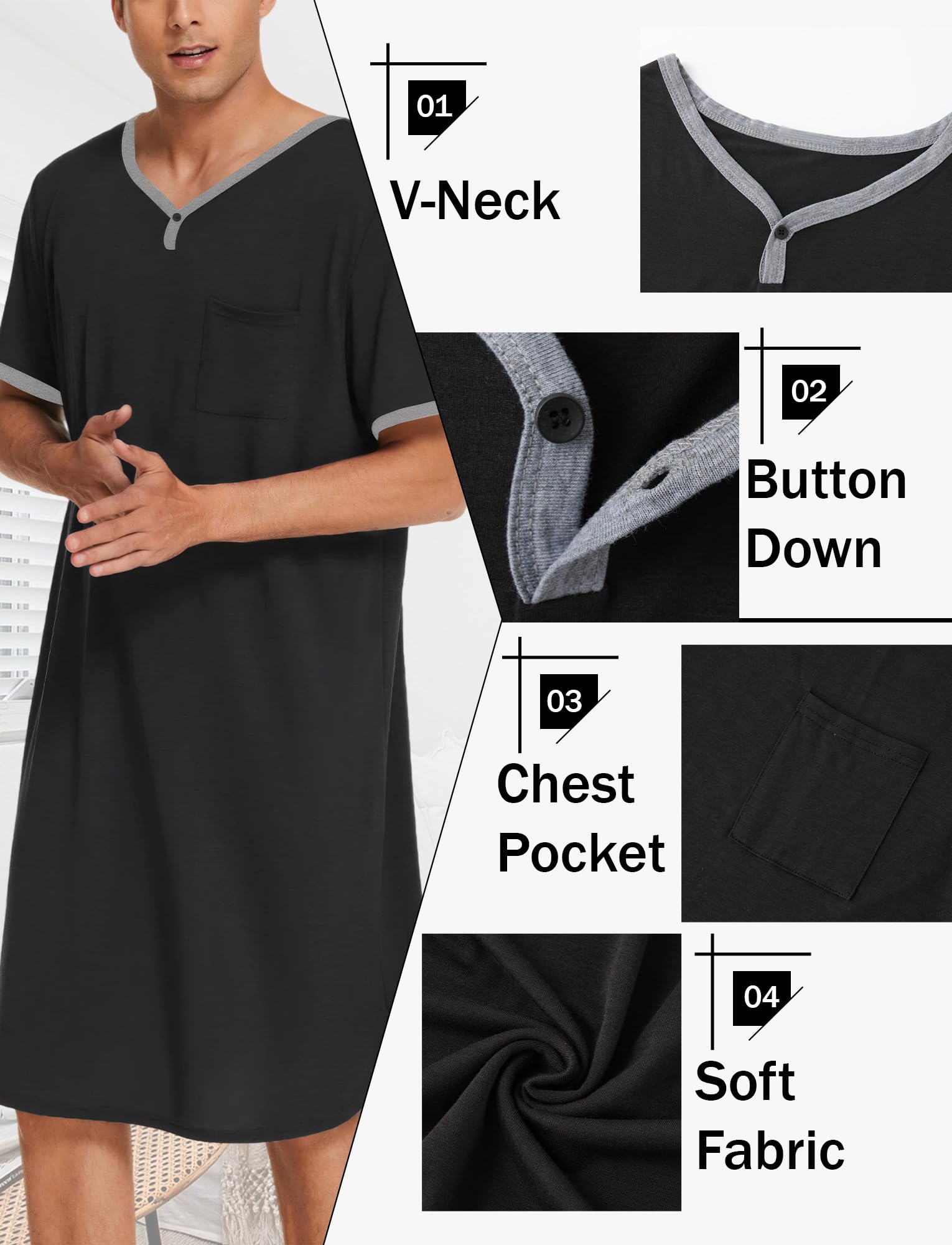 Maeau Chemise de nuit d'été à manches courtes pour homme, vêtement de nuit ample, doux, décontracté, chemise de nuit longue et légère