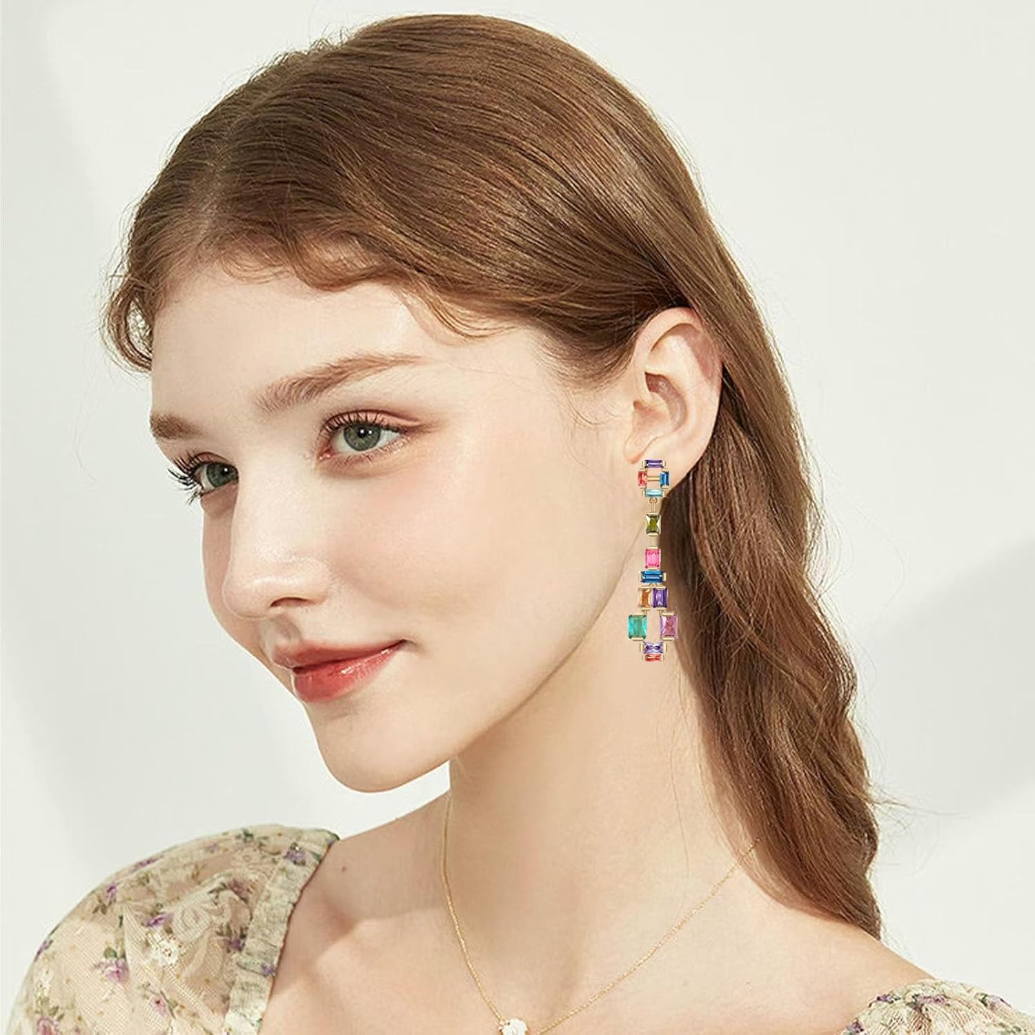Crystal Dangle Drop Earrings for Women Multicolor Long Crystal Chandelier Iridescence Cubic Zirconia Square Statement Drop Earrings for women - Image 7