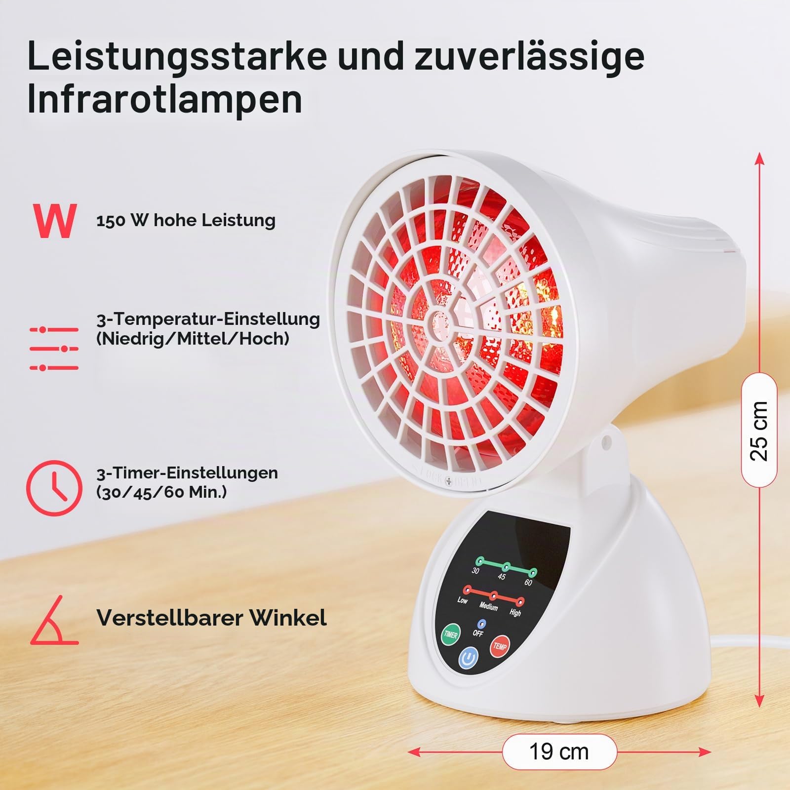 150W Lampe mit Timer, Schutzgitter und verstellbarem Kopf – für den Hausgebrauch
