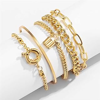 Kryzalite® 5 Pieces Lock Bracelet Set, Fashionable Simple Gold Chain, Stackable Closure Bracelet Ladies Set, Adjustable Beaded Bracelet, Flat Wire Chain(Gold)