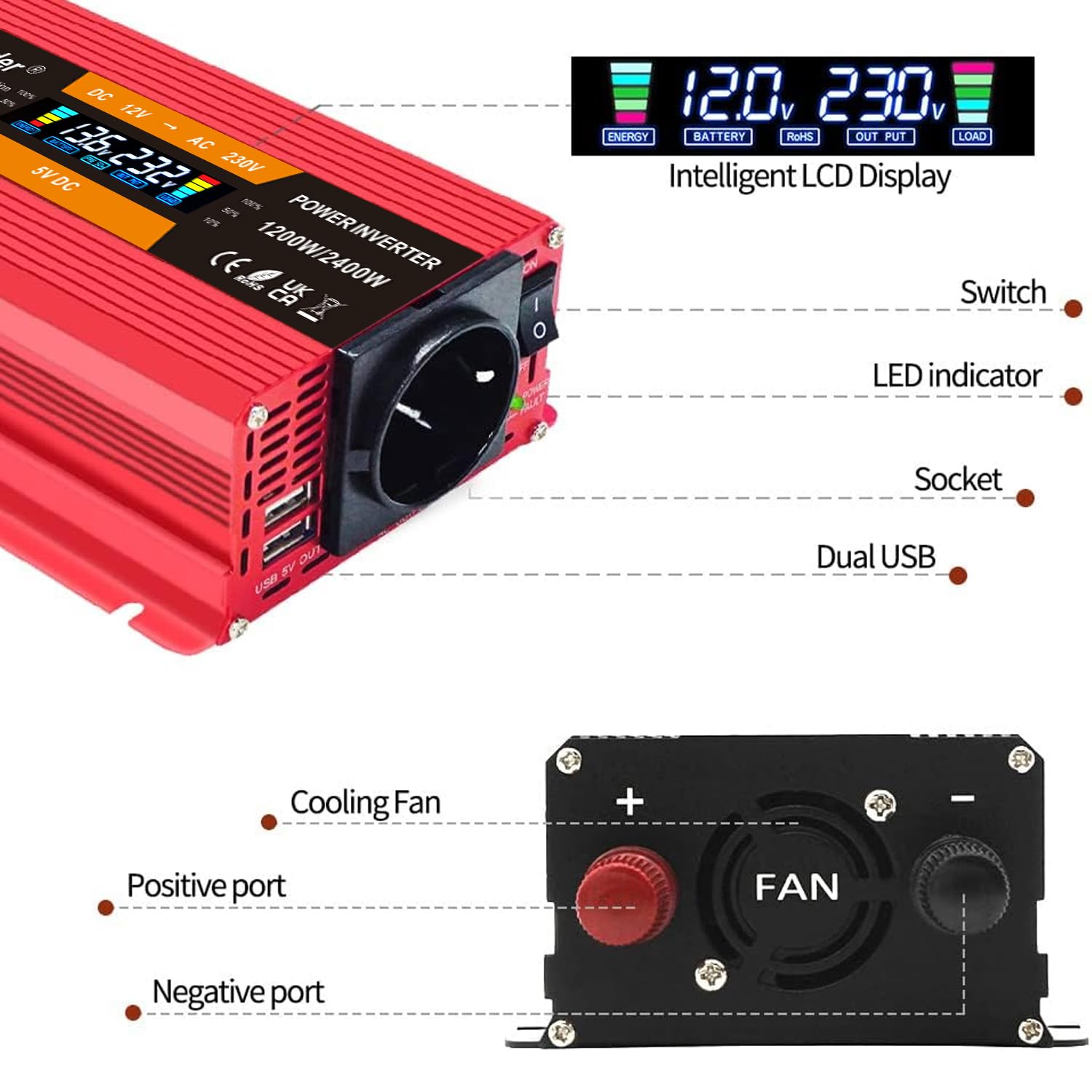 Yinleader Trasformatore di tensione 1200 W/2400 W 12 V 230 V inverter Dual USB Power Inverter con 1 presa e display LCD, per auto – rosso