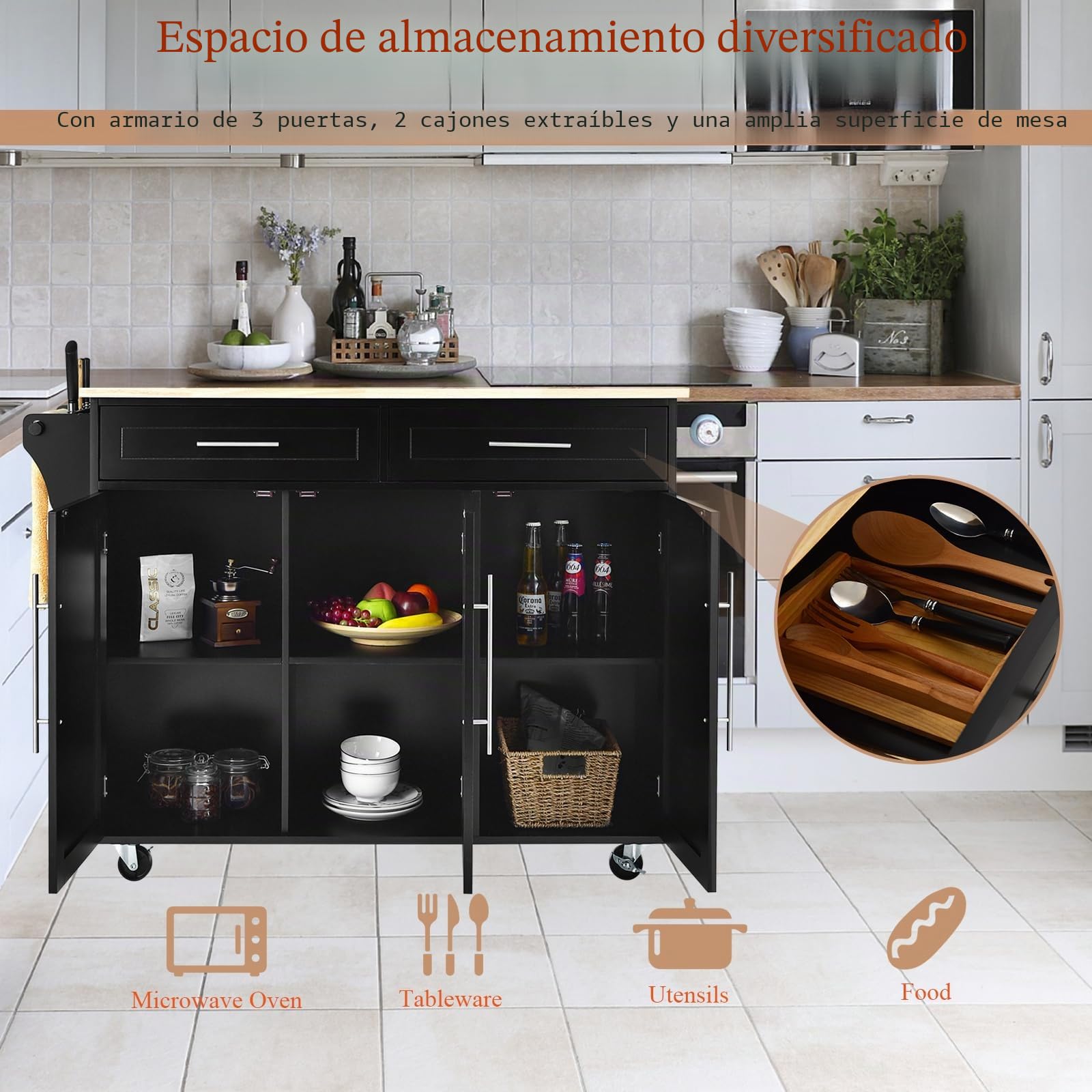 KOMFOTTEU Carrito de Cocina con Ruedas, Carro de Servicio con Encimera de Madera de Caucho, Isla de Cocina con Cajones, Toallero y Estantes Ajustables, Carrito Auxiliar, 122 x 46 x 92 cm (Negro)