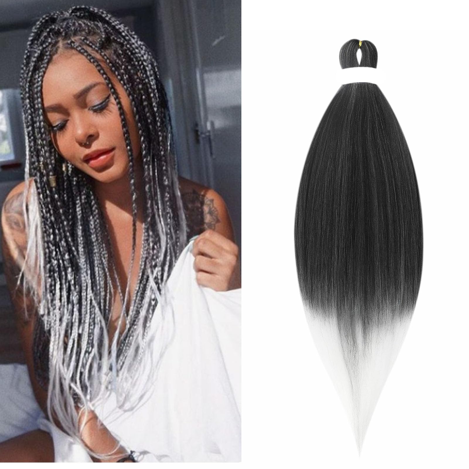 Gairyan Extensiones para Trenzas Africanas Cabello 1 Pieza Ombre 26inch Natural Yaki Textura Pre-Stretched Braiding Hair Easy Trenzas Pelo Sintético Profesional para Trenzado (Negro&Blanco)