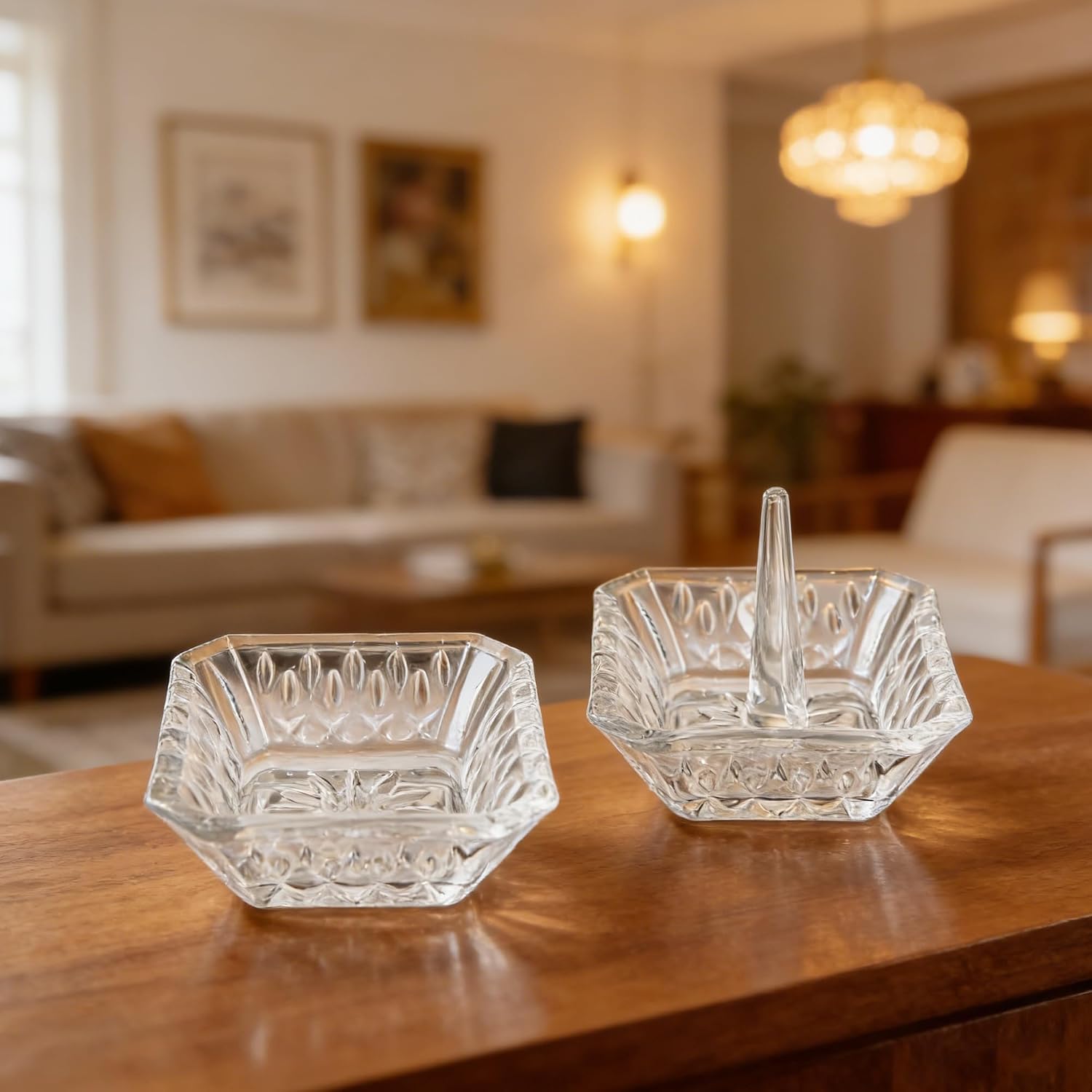 Clear Crystal Ring Holder Set of 2 Glass Jewelry Ring Dish Tray Gifts for Women on Engagement Wedding Party Mother's Day