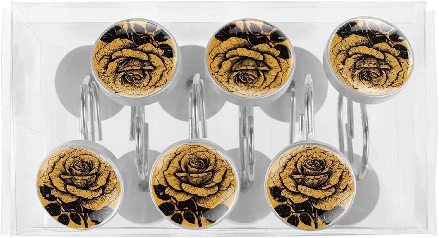 Crystal Glass Printed Stainless Steel Shower Hooks, 12-Pack, Elegant Bedroom and Room Curtain Rod Accessories, Yellow and Black Rose