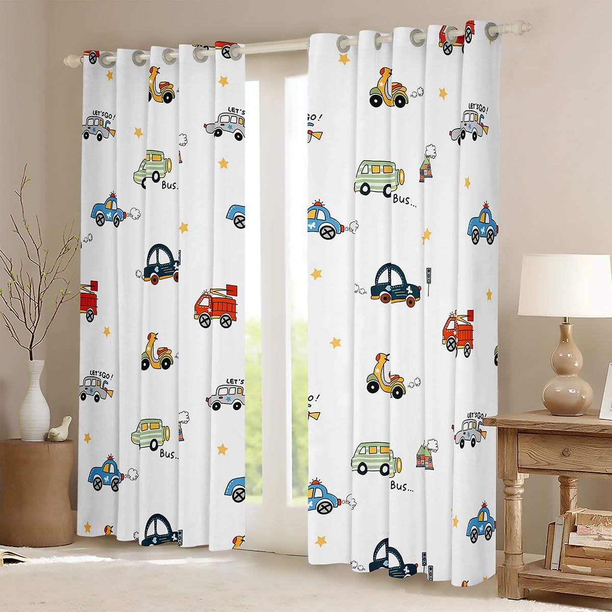 Homemissing Cars Cartoon Blackout Curtains(30%-50%) Cartoon Cars Bus Print Window Curtains Transport Vehicles Cars Window Dreapes for Kids Boys Traffic Vehicles Window Treatments W46*L54 - Image 2