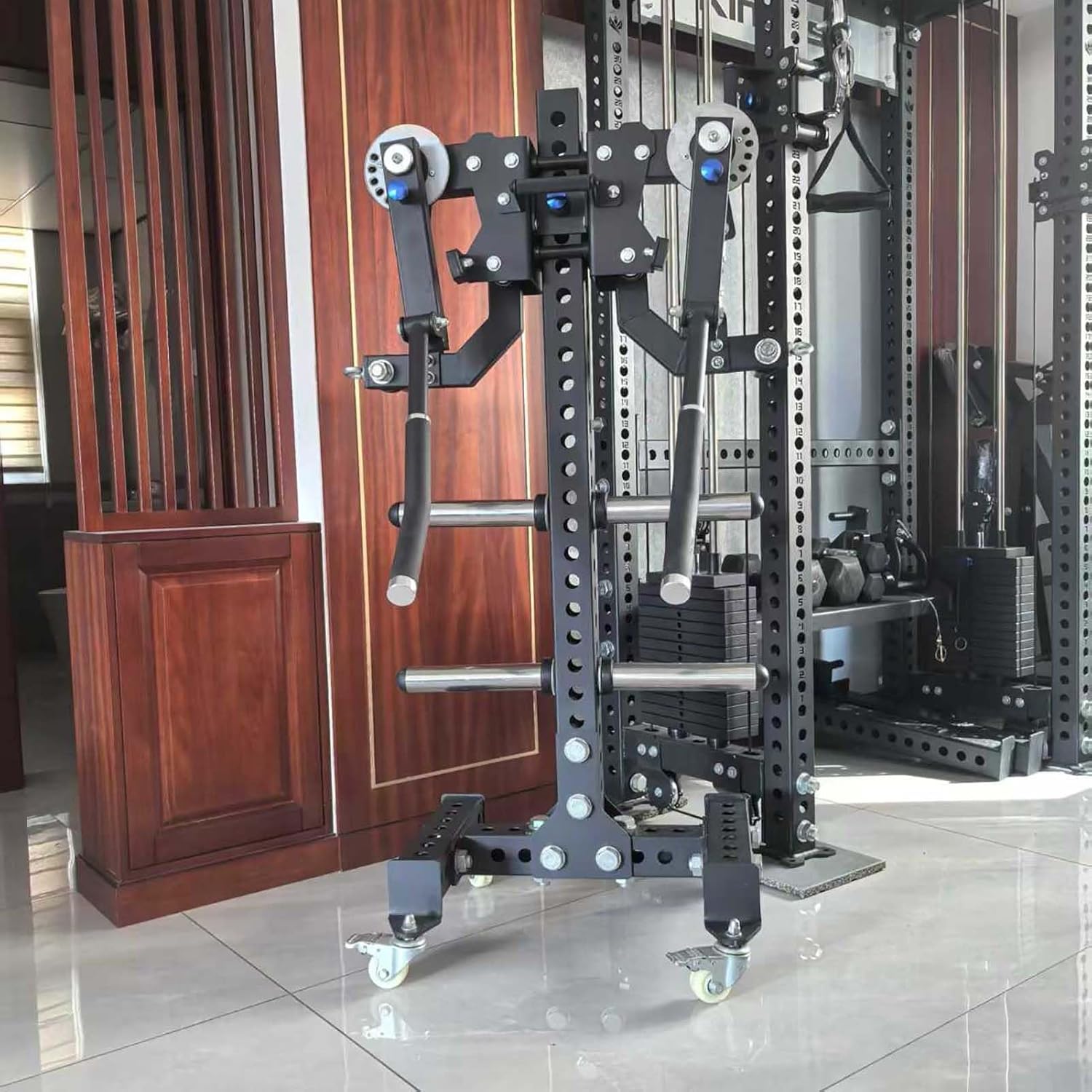 Heavy Duty Removable 2 in1 Dual-Function Chest Fly and Squat Power Rack Weight Plate Tree with Transport Wheels, Upper Body Strength Training Equipment for Home Gym