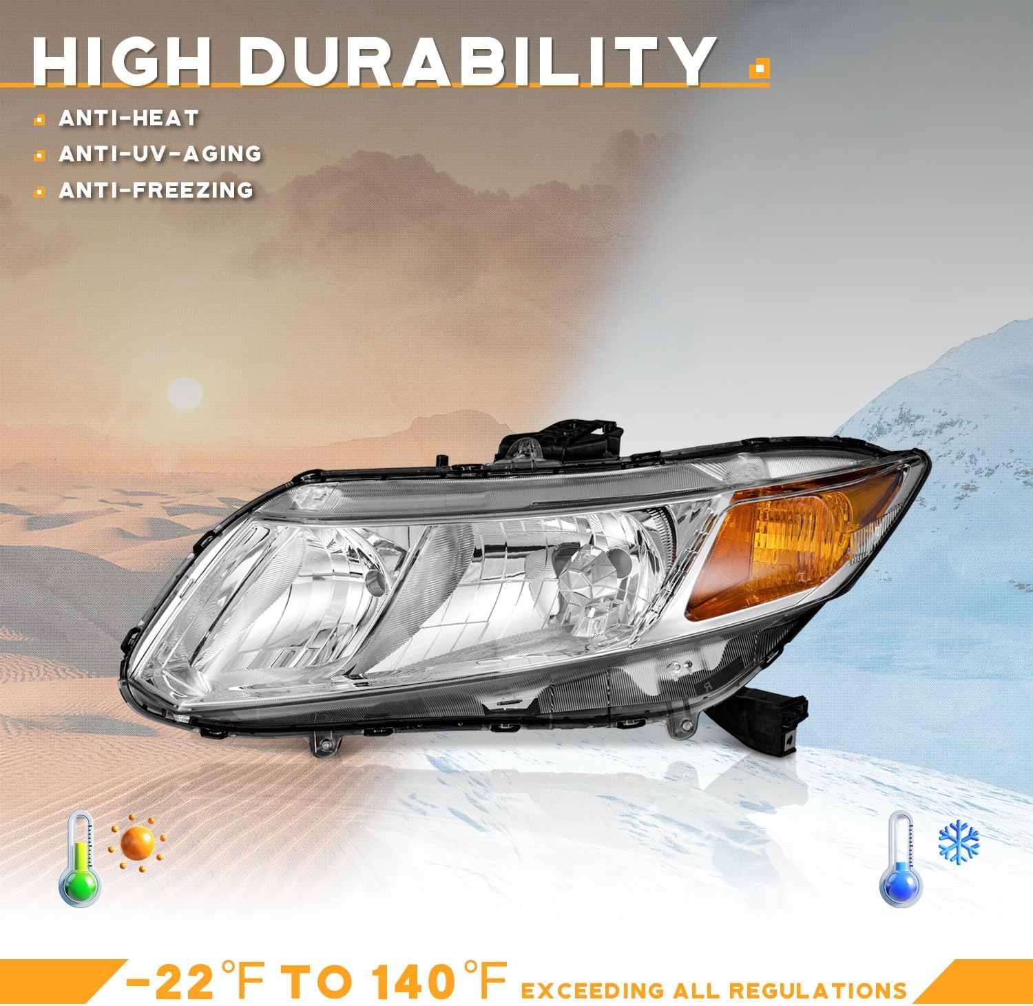 WEELMOTO for 2012-2015 Honda Civic 4Dr Sedan Headlights for 12-13 Honda Civic 2Dr Coupe Pair Headlamp Chrome Housing Amber Reflector Left+Right Side (Does NOT Fit Hybrid or Hybrid-L Models)