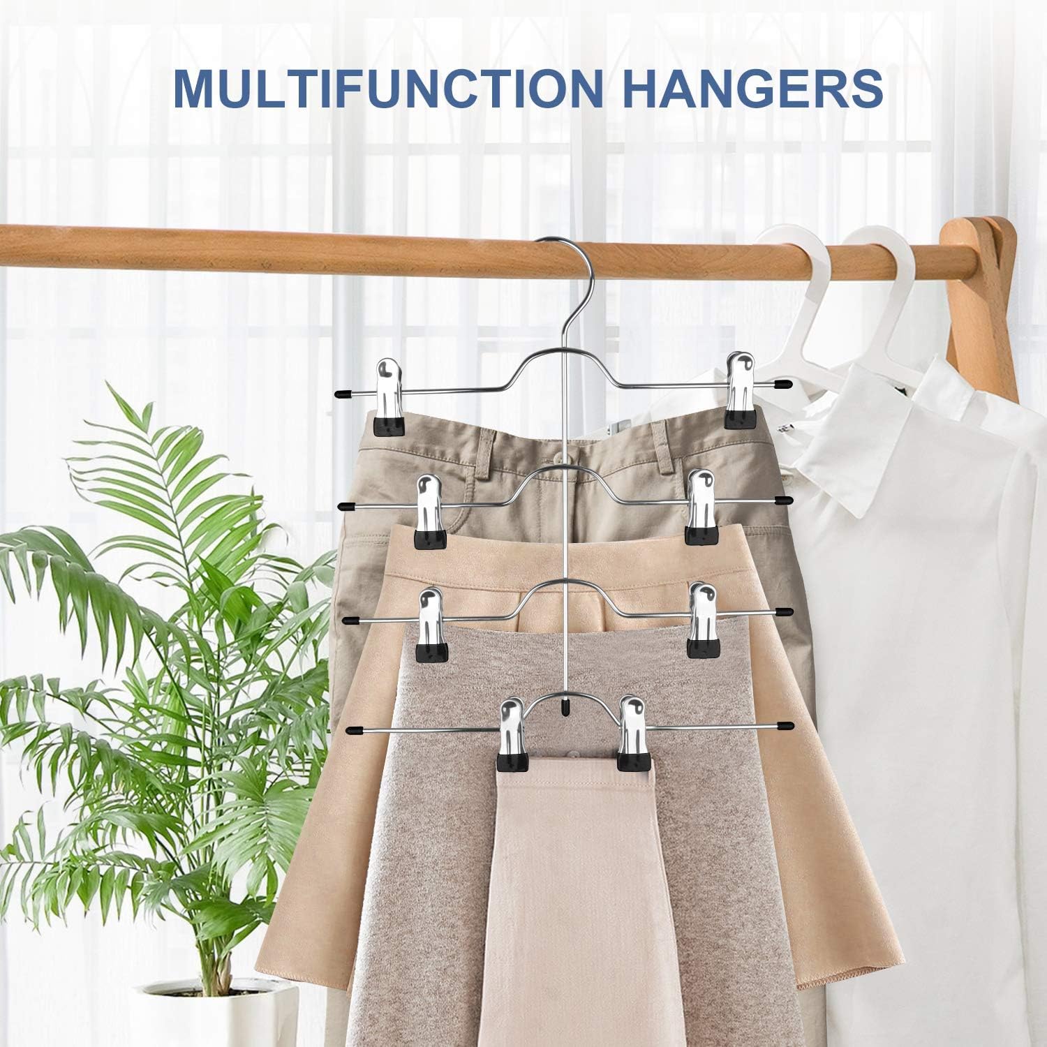 ZriEy Hosenbügel mit Clips, 4-stöckige Kleiderbügel für Kleidung, platzsparende Kleiderbügel, Rockbügel mit 12 verstellbaren, rutschfesten Clips, für Hosen, Jeans, Handtücher, Shorts, Röcke, 3 Stück