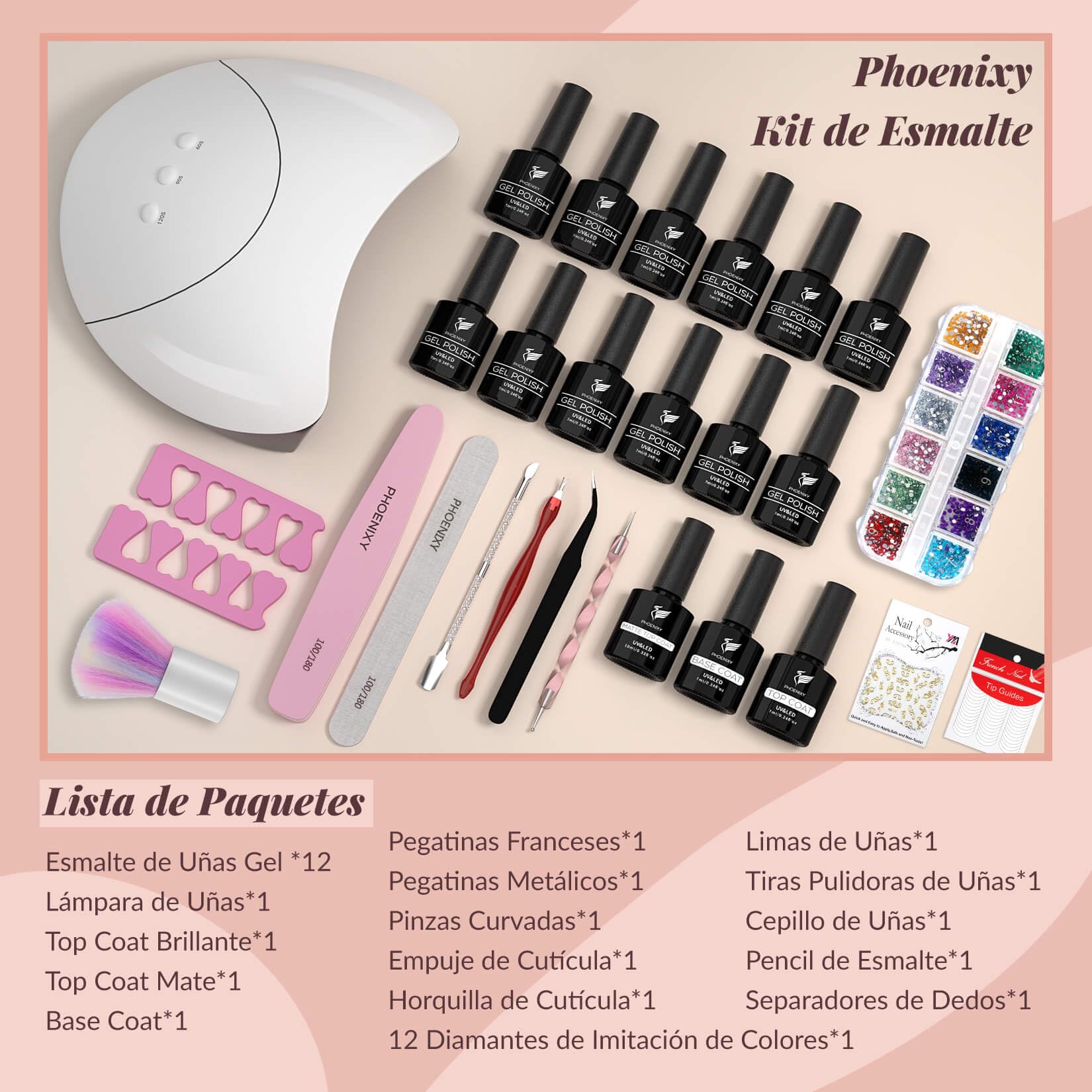 Phoenixy Kit Uñas Semipermanentes, 12 Colores 7ml, Kit Completo con 36W U V/LED Lampara Uñas Semipermanentes, Esmalte Semipermanente con Base y Top Coat