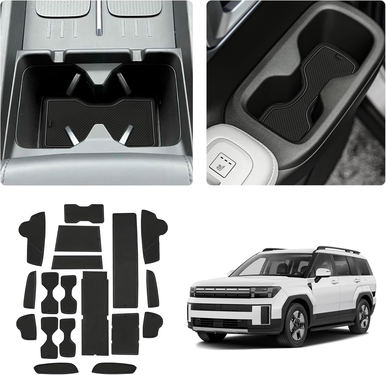 Center Console Liner Mat Fits 2024 2025 2026 Hyundai Santa Fe SE/SEL/SEL Hybrid/XRT/Limited/Calligraphy Accessories Cup Holder Insert Mat Center Console Shifter Liner Trim Door Pocket Mat 18PCS, Black
